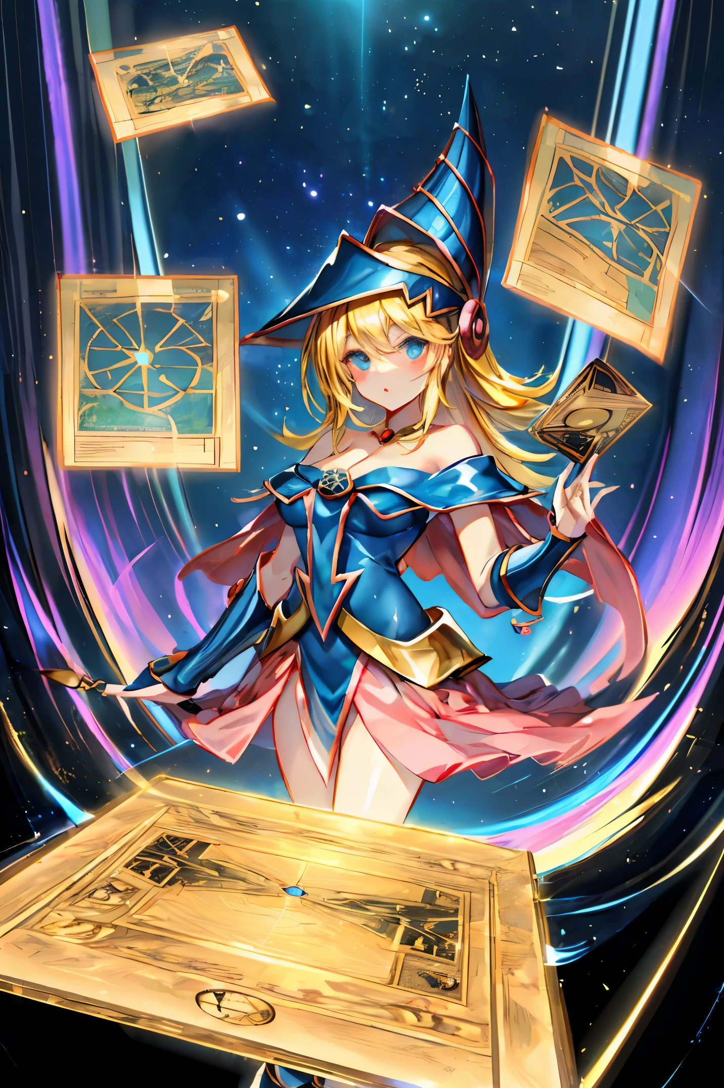 Un mago negro flotando tiernamente, magical aura, Fantastic background, Runas brillantes, (( una carta de Yu-Gi-Oh debajo)), giving the impression that she has been summoned,epic composition, (Intrincado alto detalle), (complex design, Ultra-detalles :1.2), Art Station, (obra maestra, la mejor calidra HD, 32K ,octanaje renderizado, bioluminiscente,8K concept art resolution, realismo,por Mappa studios,obra maestra,la mejor calidad,Arte oficial,illustration,clear line,(Fresco_Color),Perfectcomposition,Absurdo, fantasy,( debajo hay un mapa de Yu-Gi-Oh), Diagramas
