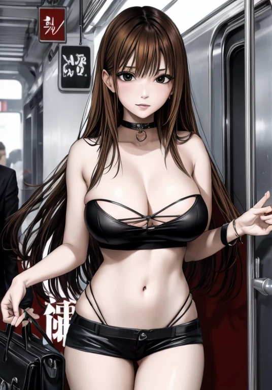 A beautiful adult woman with long, shoulder-length hair, big breasts, beautiful legs, and a sharp face stands with her legs spread apart wearing a black tube top that exposes her navel and hot pants shaped like black panties.、I'm having a conversation with a middle-aged man in a suit on the train.。