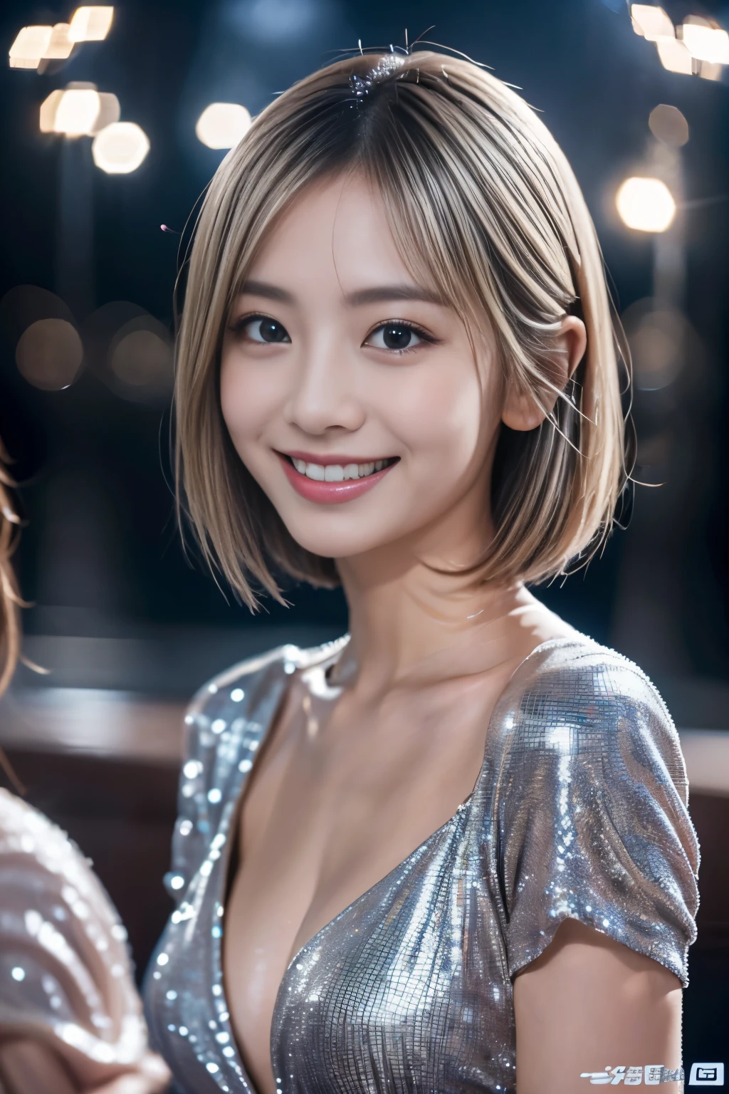 Glittering night view、silver sexy dress、Provocative smile、The moment you turn around、winc!、short-haired、beautiful blonde japanese actress、sakimichan、cinematric light, realisticlying, tmasterpiece, best qualtiy, Complex CG,Highly detailed face,High detail eyes,The mouth is shaped like a KISS
