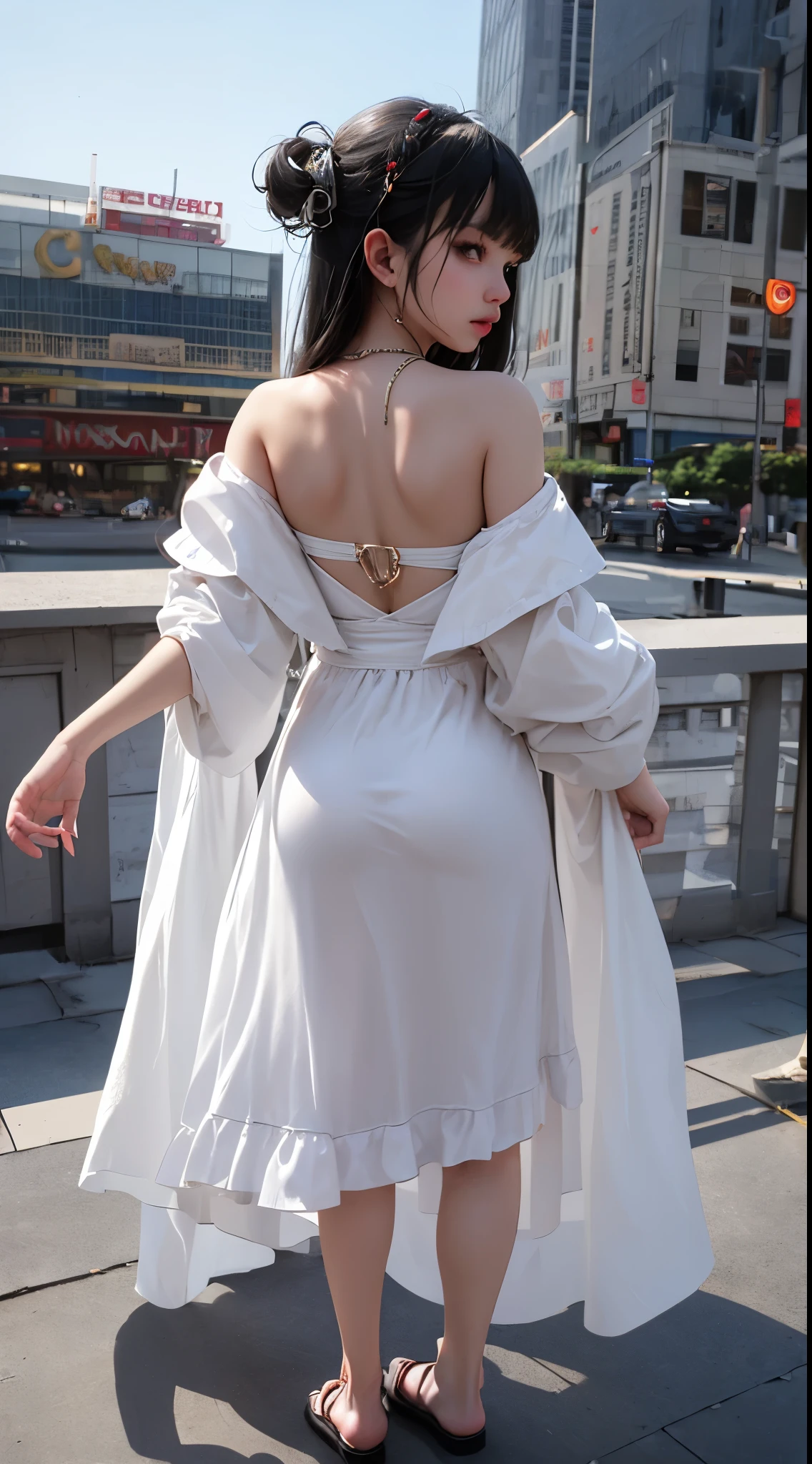 （in 8K、Raw photography、top-quality、​masterpiece：1.2)、Black pantyhose、absurderes、Bangs from the middle to the middle、Forehead visible、超A high resolution、Raw photo、ren、Beautiful fece、One Person、独奏、fullllbody、cute little、A Japanese Lady、（Photorealsitic：1.37）、photon limited、Black socks、(red tie butterfly)、Radio City、Physics-based complex rules、Foreground、depth of field rally background、White tones，white colors，from the rear，tiny body，Petite，whaite hair，White hair，White bed，transparent silk pajamas ，thick long hair，Empty space，Pure white space