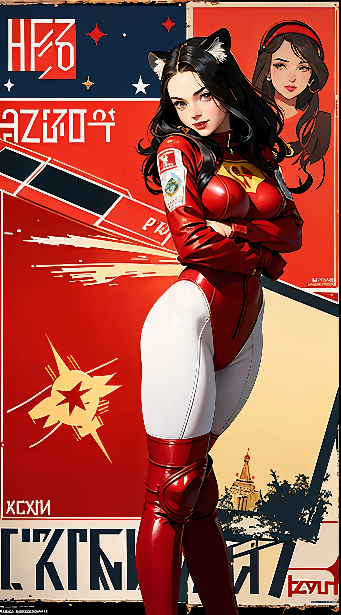 1girl,curvy_breasts, cute, beautiful detailed eyes, shiny hair, visible through hair, hairs between eyes, (Caucasian face, Europe face, eastern Europe girl), (USSR poster), (soviet poster), red monochrome, (soviet, communism, ((PROPAGANDA POSTER))), red_hair, monster girl, Cheetah girl, Cheetah ears, Cheetah tail, Cheetah  skin, smiling, red_eyes, ((teenage)), ((furry)), ((good breasts)), {Spacesuit|blue_clothing_body|slimsuit},yelloloves, red_space_shoes, mirror_helmet, ((the USSR red letters on the poster)), weightlessness, Side light, reflection, The person in the spacesuit is at the bottom left of the frame, The right hand is outstretched, Space station in the upper right corner of the screen, Reflected light from the sun, Silver metal, red flag, (USSR style), diffuse reflection, Metallic texture, ((alien planet background)), (pinup-girl, the sea of star on background), ((effect of old poster))