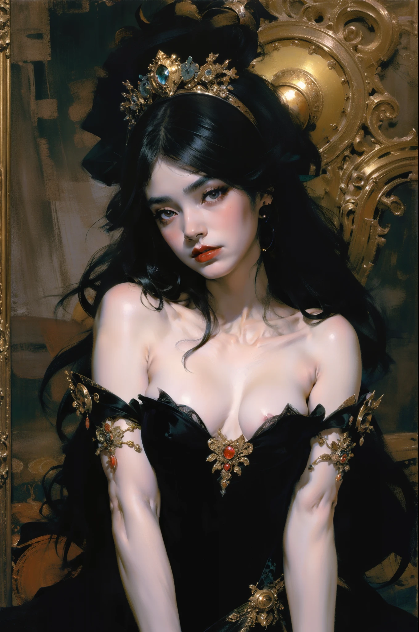 Mono Color,weight,NSFW,barechested,A nude devil woman with a black and white body stocking dress holding a red lip stick,Satan,succubi,eBlue eyes,Detailed pattern of clothes,lewd poses,spread legitimacy,Detailed Gothic background,dark fantasy background,Inspired by Robert McGinnis, Inspired by Gretel Stern, Takato Yamamoto’s style, Guido Crepax, Guido Crepax-style, Amano, Vanya Zoravliov, inspired by Leonor Fini, Nagao Hidenari, Inspired by Takato Yamamoto.Inspired by Klimt and Mucha. 美丽细致的眼睛, beautiful detailed lips, Extremely detailed eyes and face, Long eyelash quality:1.2), ultra - detailed, (actual:1.37), oil painted, Color contrast, A high resolution, Black and white dress, red lip stick, Inspired by Robert McGinnis, Inspired by Gretel Stern, Yamamoto Takashi style, Guido Crepax style, Amano-inspired, Vanya Zoravliov-inspired, Leonor Fini&#39;s inspiration, Nagao Hidenari-inspired, Inspired by Takato Yamamoto, vivd colour, dramatic lights, eye-catching composition, fun atmosphere, Feminine elegance.Fechinoil，painting，IMPRESSIONISM