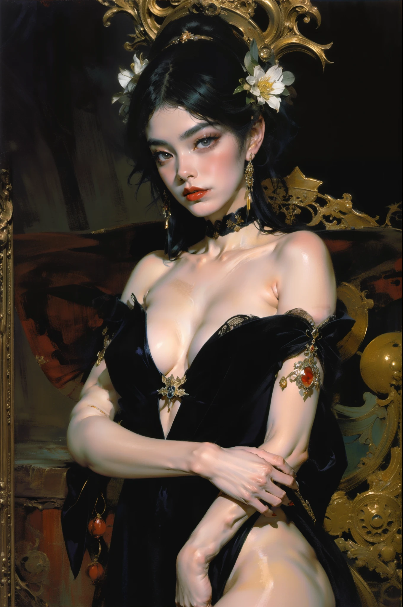 Mono Color,weight,NSFW,barechested,A nude devil woman with a black and white body stocking dress holding a red lip stick,Satan,succubi,eBlue eyes,Detailed pattern of clothes,lewd poses,spread legitimacy,Detailed Gothic background,dark fantasy background,Inspired by Robert McGinnis, Inspired by Gretel Stern, Takato Yamamoto’s style, Guido Crepax, Guido Crepax-style, Amano, Vanya Zoravliov, inspired by Leonor Fini, Nagao Hidenari, Inspired by Takato Yamamoto.Inspired by Klimt and Mucha. 美丽细致的眼睛, beautiful detailed lips, Extremely detailed eyes and face, Long eyelash quality:1.2), ultra - detailed, (actual:1.37), oil painted, Color contrast, A high resolution, Black and white dress, red lip stick, Inspired by Robert McGinnis, Inspired by Gretel Stern, Yamamoto Takashi style, Guido Crepax style, Amano-inspired, Vanya Zoravliov-inspired, Leonor Fini&#39;s inspiration, Nagao Hidenari-inspired, Inspired by Takato Yamamoto, vivd colour, dramatic lights, eye-catching composition, fun atmosphere, Feminine elegance.Fechinoil，painting，IMPRESSIONISM