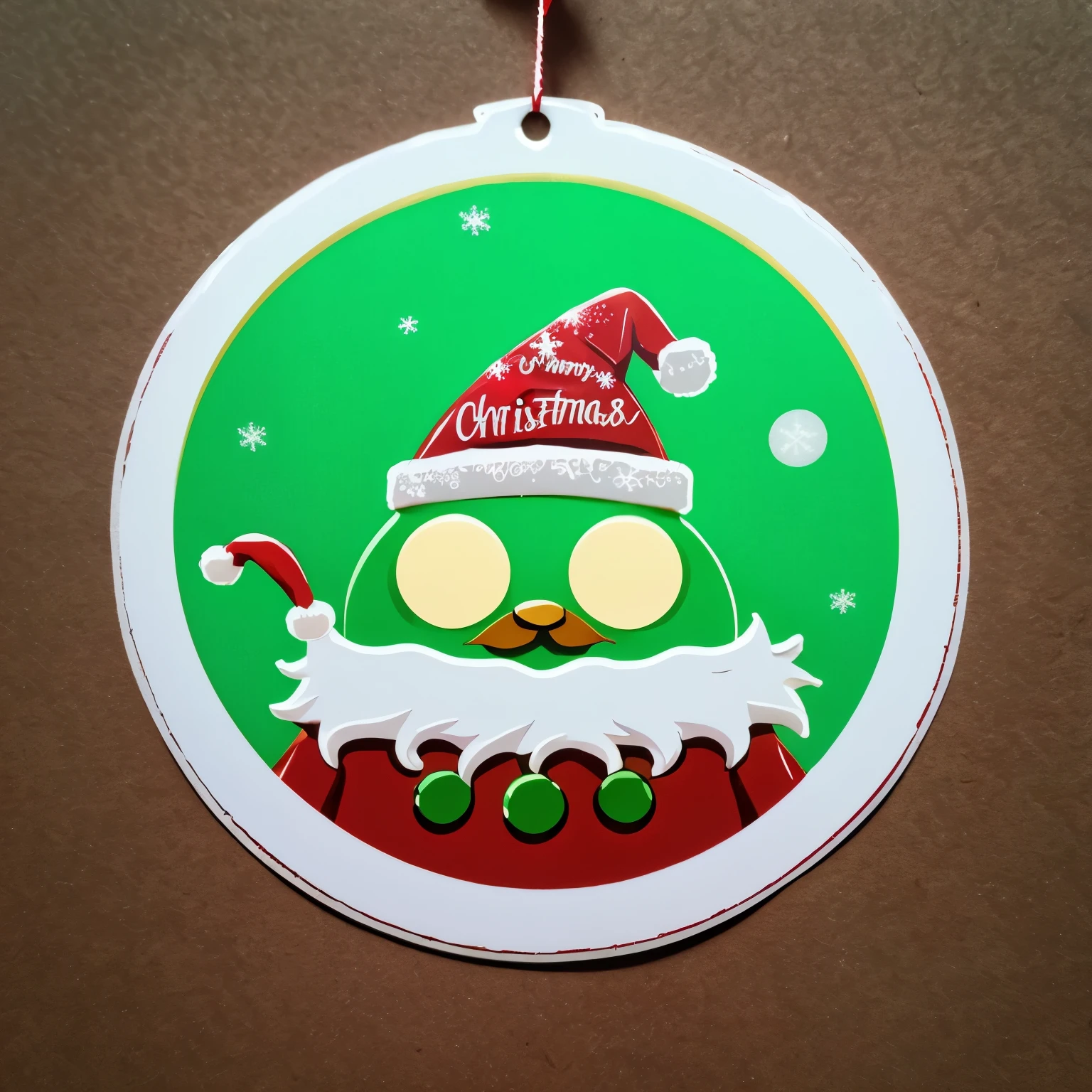 there is a green and red christmas ornament with a santa hat on it, grogu, puffy sticker, cute! c4d,", digital art emoji collection, elf, 3 0, adorable glowing creature, an elf, cute pictoplasma, derpibooru, by Android Jones, santa, ultra, 'MERRY CHRISTMAS' is written in red in the upper curve of the sticker