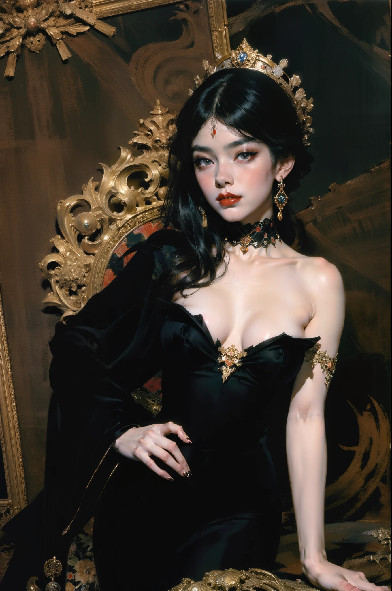 Mono Color,weight,NSFW,barechested,A nude devil woman with a black and white body stocking dress holding a red lip stick,Satan,succubi,eBlue eyes,Detailed pattern of clothes,lewd poses,spread legitimacy,Detailed Gothic background,dark fantasy background,Inspired by Robert McGinnis, Inspired by Gretel Stern, Takato Yamamoto’s style, Guido Crepax, Guido Crepax-style, Amano, Vanya Zoravliov, inspired by Leonor Fini, Nagao Hidenari, Inspired by Takato Yamamoto.Inspired by Klimt and Mucha. 美丽细致的眼睛, beautiful detailed lips, Extremely detailed eyes and face, Long eyelash quality:1.2), ultra - detailed, (actual:1.37), oil painted, Color contrast, A high resolution, Black and white dress, red lip stick, Inspired by Robert McGinnis, Inspired by Gretel Stern, Yamamoto Takashi style, Guido Crepax style, Amano-inspired, Vanya Zoravliov-inspired, Leonor Fini&#39;s inspiration, Nagao Hidenari-inspired, Inspired by Takato Yamamoto, vivd colour, dramatic lights, eye-catching composition, fun atmosphere, Feminine elegance.Fechinoil，painting，IMPRESSIONISM