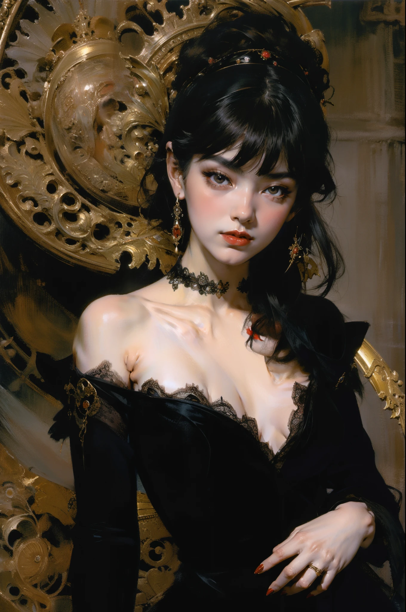 Mono Color,weight,NSFW,barechested,A nude devil woman with a black and white body stocking dress holding a red lip stick,Satan,succubi,eBlue eyes,Detailed pattern of clothes,lewd poses,spread legitimacy,Detailed Gothic background,dark fantasy background,Inspired by Robert McGinnis, Inspired by Gretel Stern, Takato Yamamoto’s style, Guido Crepax, Guido Crepax-style, Amano, Vanya Zoravliov, inspired by Leonor Fini, Nagao Hidenari, Inspired by Takato Yamamoto.Inspired by Klimt and Mucha. 美丽细致的眼睛, beautiful detailed lips, Extremely detailed eyes and face, Long eyelash quality:1.2), ultra - detailed, (actual:1.37), oil painted, Color contrast, A high resolution, Black and white dress, red lip stick, Inspired by Robert McGinnis, Inspired by Gretel Stern, Yamamoto Takashi style, Guido Crepax style, Amano-inspired, Vanya Zoravliov-inspired, Leonor Fini's inspiration, Nagao Hidenari-inspired, Inspired by Takato Yamamoto, vivd colour, dramatic lights, eye-catching composition, fun atmosphere, Feminine elegance.Fechinoil,painting,IMPRESSIONISM