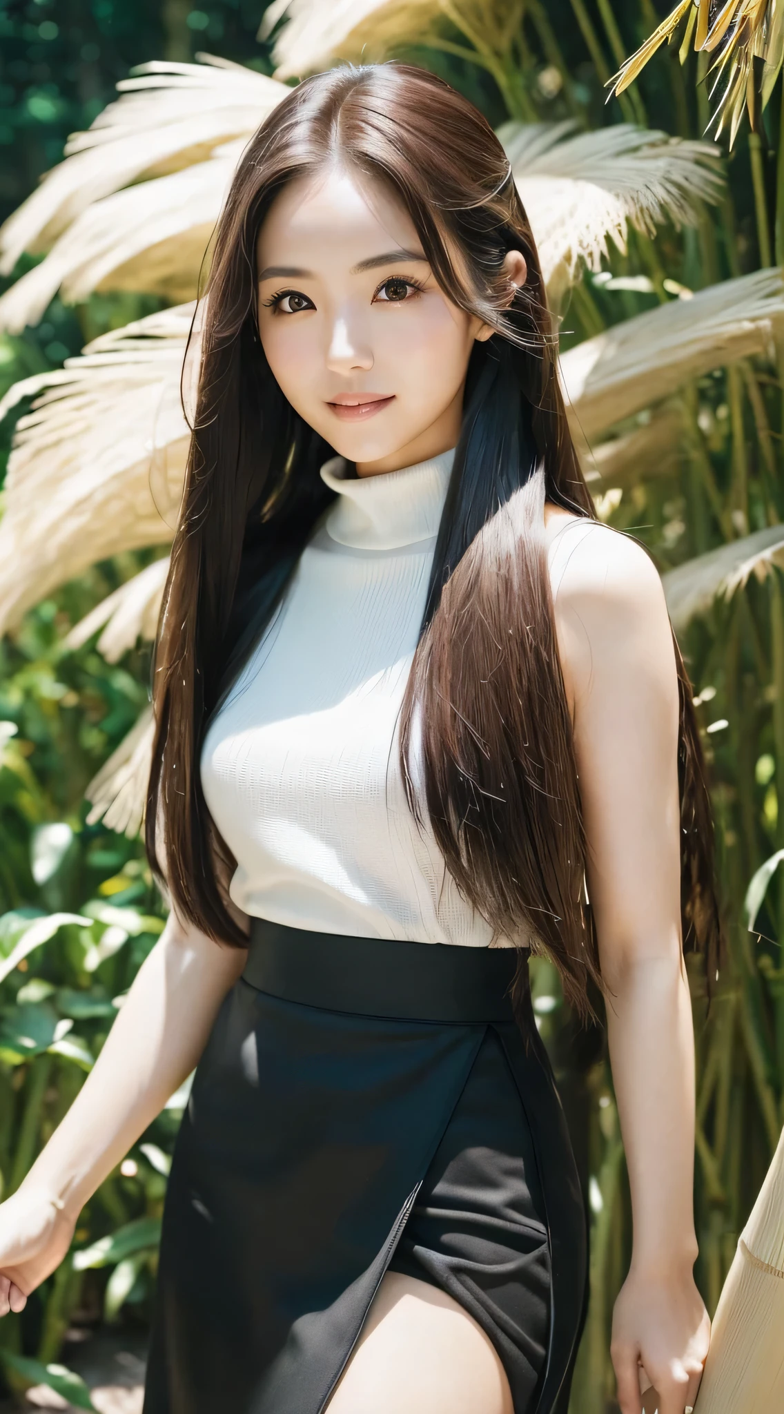 (Refreshing smile:1.5),(Look at viewers:1.1),(hide one's hands:2.0),(Beautiful Japan Woman),(straight haired, Long hair, strong wind in the hair:1.5), ( High neck sleeveless ,Black tight skirt:1.5), (high-heels;1.3), detailed clothes, (Perfect female body), (Narrow waist:1.5), (Bust Up Portrait:1.3), Dynamic Pose, Cinematic Light, bamboo forrest,135 mm, NIKON,