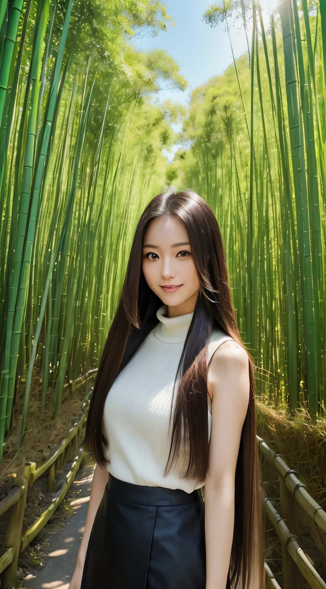 (Refreshing smile:1.5),(Look at viewers:1.1）,（hide one's hands:2.0）,(Beautiful Japan Woman）,（straight haired, Long hair, strong wind in the hair:1.5), （ High neck sleeveless ,Black tight skirt:1.5), （high-heels;1.3), detailed  clothes, (Perfect female body), (Narrow waist:1.5), (Bust Up Portrait:1.3), Dynamic Pose, Cinematic Light, bamboo forrest,135 mm, NIKON,
