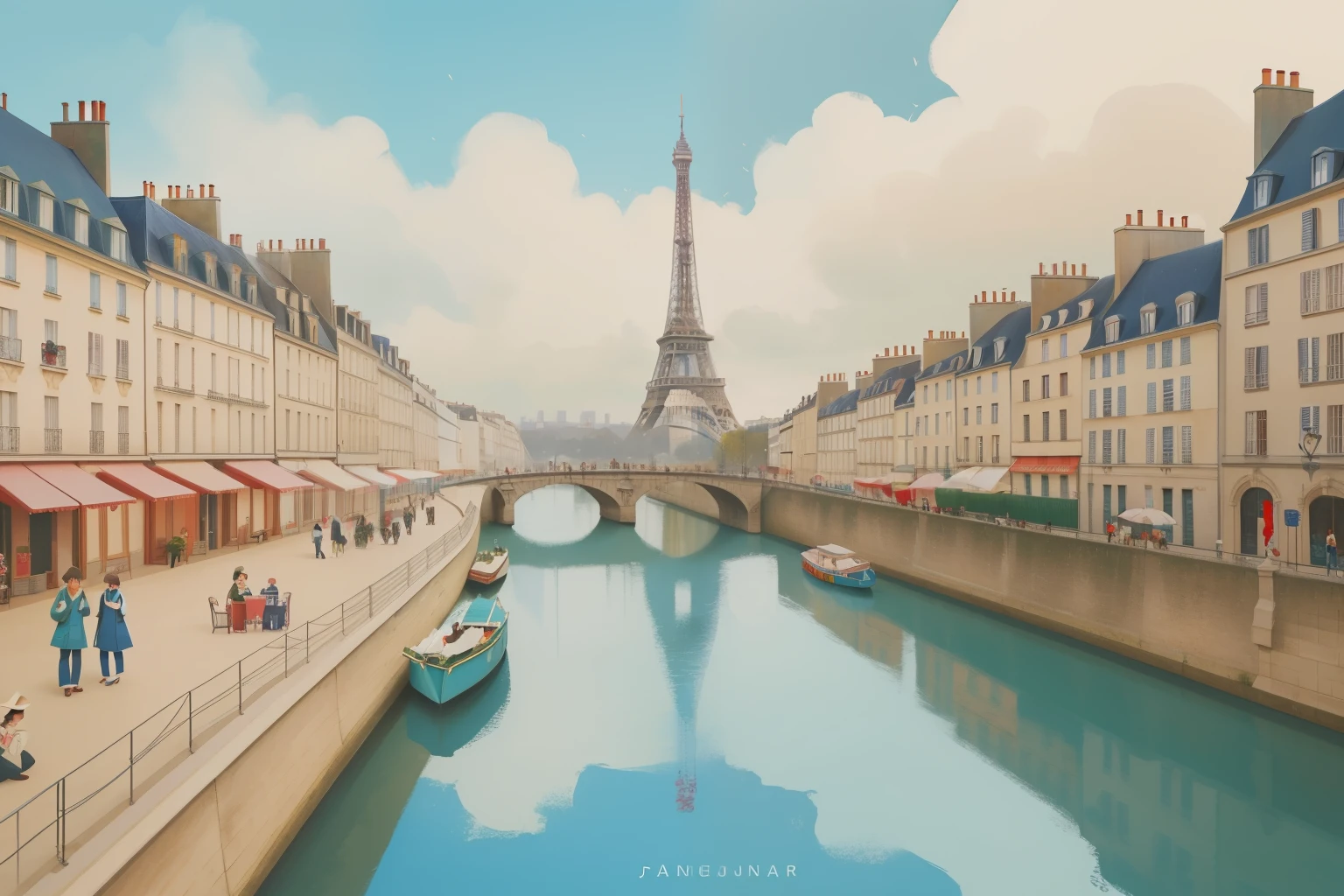 Year: January 2023. Activity: Umbrella Painting Workshop in Paris, France.
Description: Characters, dressed in whimsical raincoats, gather under a colorful array of umbrellas to paint vibrant scenes. The Seine River and iconic Parisian architecture provide a picturesque background.