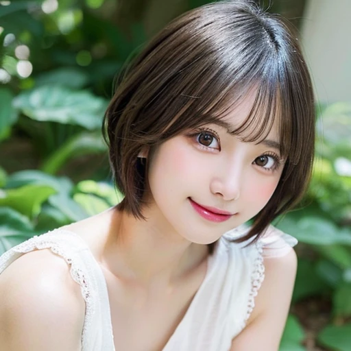 masutepiece, Best Quality, Illustration, Ultra-detailed, finely detail, hight resolution, 8K Wallpaper, Perfect dynamic composition, Beautiful detailed eyes, Women's Fashion Summer,Short bob hair,Small breasts natural color lip, Bold sexy poses,Smile,Harajuku、20 years girl、Cute、Sexy shot looking at camera