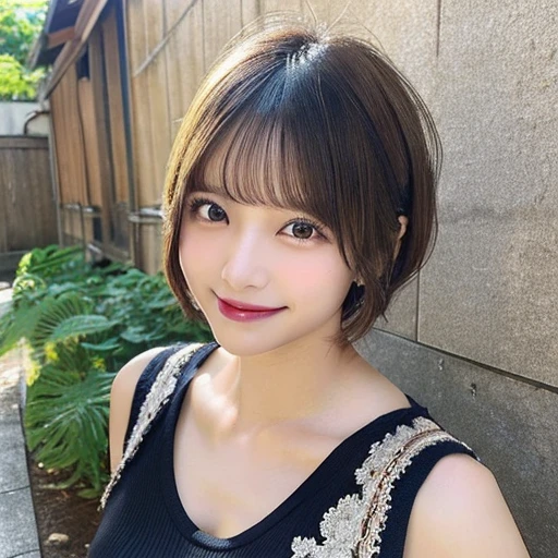 masutepiece, Best Quality, Illustration, Ultra-detailed, finely detail, hight resolution, 8K Wallpaper, Perfect dynamic composition, Beautiful detailed eyes, Women's Fashion Summer,Short bob hair,Small ??????? natural color lip, Bold ???? poses,Smile,Harajuku、20 years girl、Cute、???? shot looking at camera