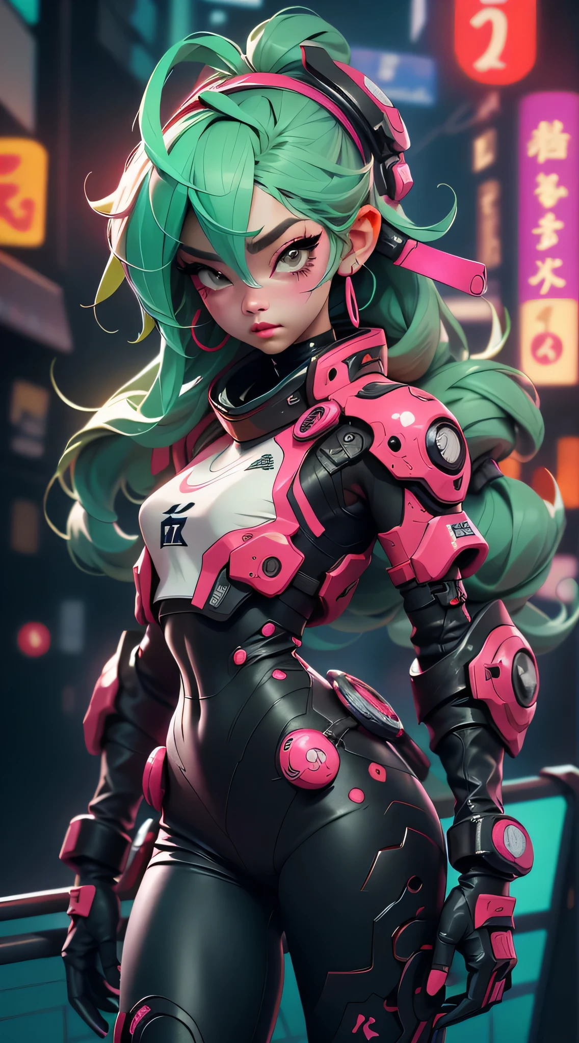 ((最好's质量, Best resolution, award winning portrait, offcial art)), ((完美's杰作)), ((实际's)) and ultra-detailed p热'sography of a 1nerdy cyberpunk girl with goth and post apocalyptic colors. She's having ((Long mint-colored hair)), dressed in (原宿风格's赛博朋克科技服装上衣) And one more (Harajuku Style Cyberpunk Tech Clothing Bottoms:1.2) , ((the most beautiful and 性感's aesthetic)), 性感's, 超级巨大巨大's山雀, Cleavage display, 热's, 性感's, 's, 's