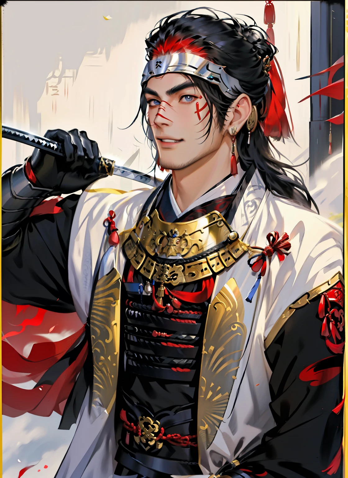 japanes、samurais、male people、age 30s、Upper body painting、delicate、wearing armor、