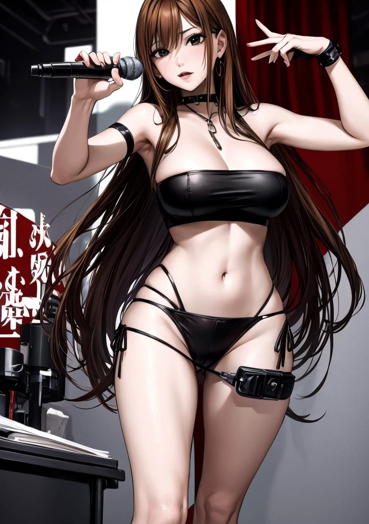 A beautiful adult woman with long, shoulder-length hair, big breasts, beautiful legs, and a sharp face is wearing a black tube top that exposes her navel and hot pants shaped like black panties, with her legs spread, holding a microphone and singing on stage. standing at。