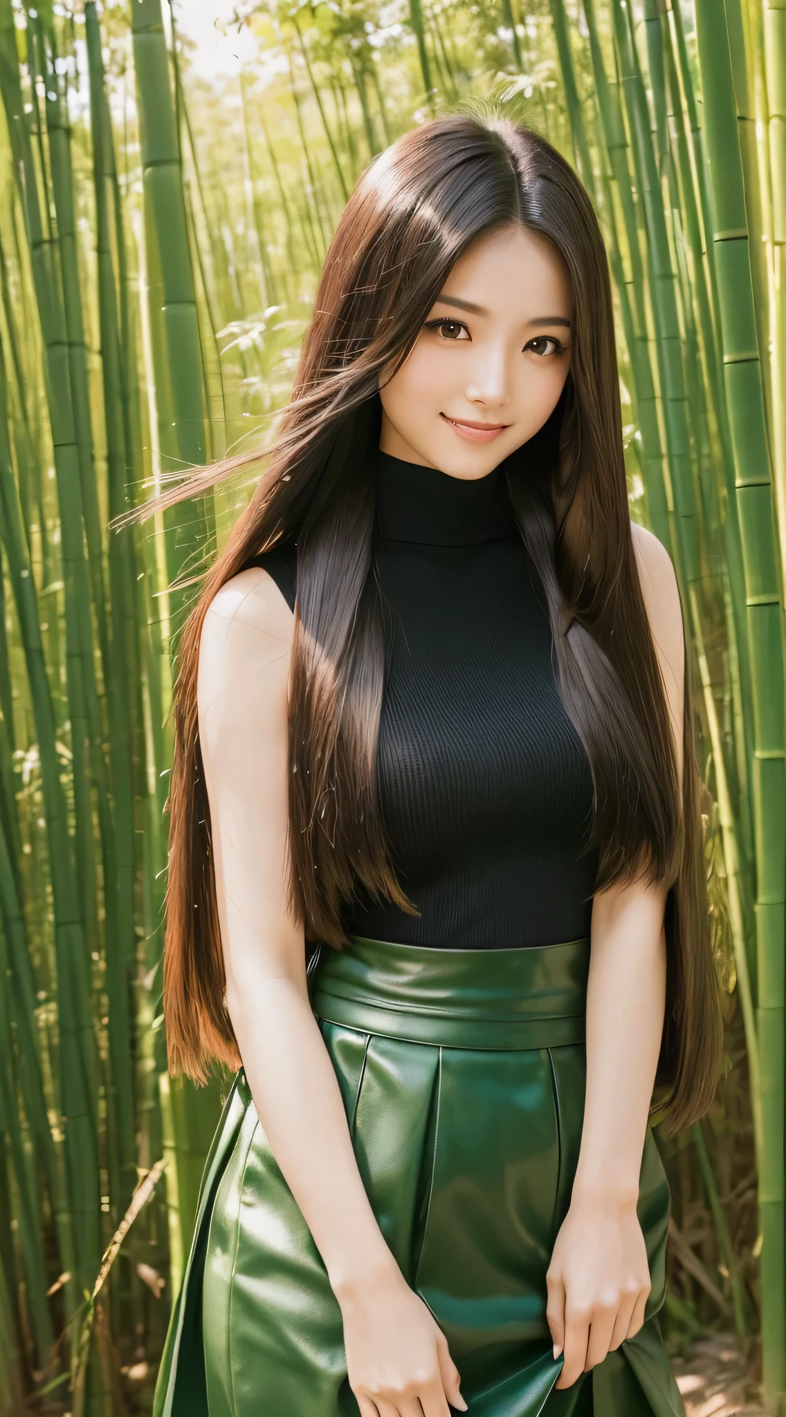 (Refreshing smile:1.5),(Look at viewers:1.1）,（hide one's hands:2.0）,(Beautiful Japan Woman）,（straight haired, Long hair, strong wind in the hair:1.5), （ High neck sleeveless ,Black tight skirt:1.5), （high-heels;1.3), detailed  clothes, (Perfect female body), (Narrow waist:1.5), (Bust Up Portrait:1.3), Dynamic Pose, Cinematic Light, bamboo forrest,135 mm, NIKON,