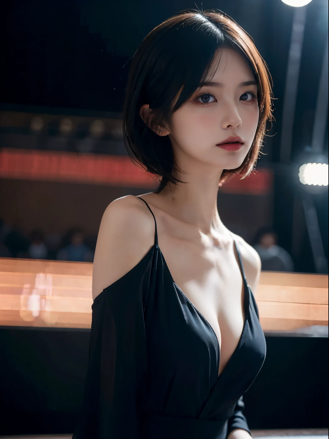 Spotlights on stage、actress in a luxurious black dress、top-quality、hyper HD、奈良美智, Japanese Models, Beautiful Japanese wife with short hair, 27yo女性モデル, 4 k ], 4K], 27yo, sakimichan, sakimichan