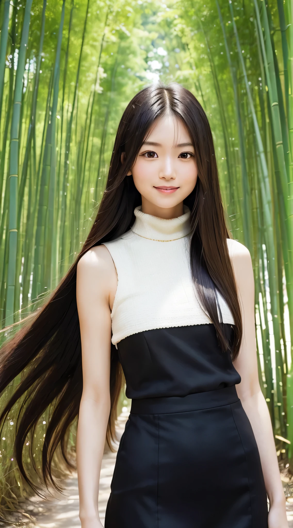 (Refreshing smile:1.5),(Look at viewers:1.1),(hide one's hands:2.0),(Delicate Japan woman),Thin arms,(straight haired, Long hair, strong wind in the hair:1.5), ( High neck sleeveless ,Black tight skirt:1.5), (high-heels;1.3), detailed clothes, (Perfect female body), (Narrow waist:1.5), (Bust Up Portrait:1.3), Dynamic Pose, Cinematic Light, bamboo forrest,135 mm, NIKON,
