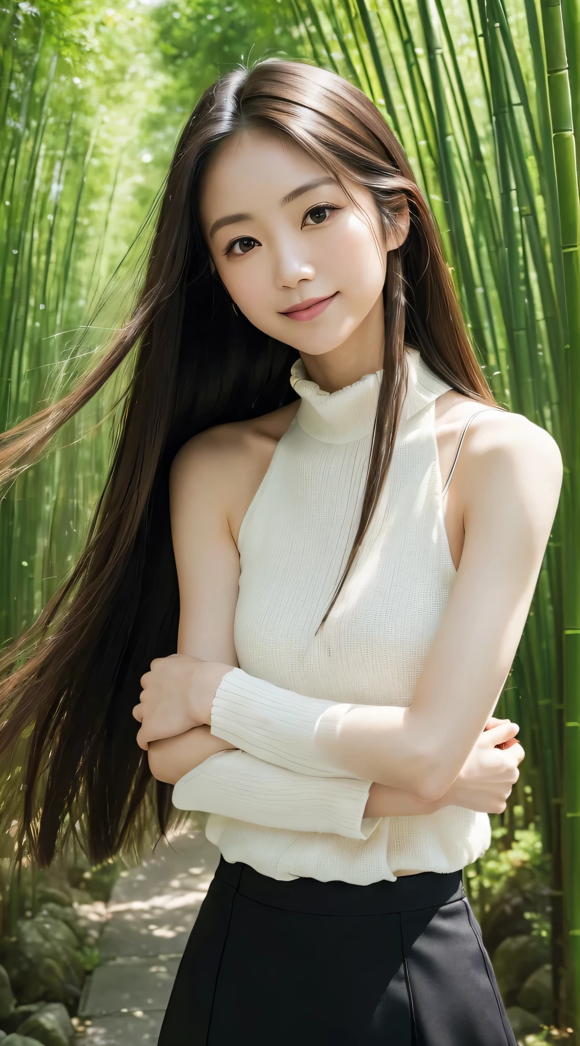 (Refreshing smile:1.5),(Look at viewers:1.1）,（hide one's hands:2.0）,(Delicate Japan woman）,Thin arms,（straight haired, Long hair, strong wind in the hair:1.5), （ High neck sleeveless ,Black tight skirt:1.5), （high-heels;1.3), detailed  clothes, (Perfect female body), (Narrow waist:1.5), (Bust Up Portrait:1.3), Dynamic Pose, Cinematic Light, bamboo forrest,135 mm, NIKON,