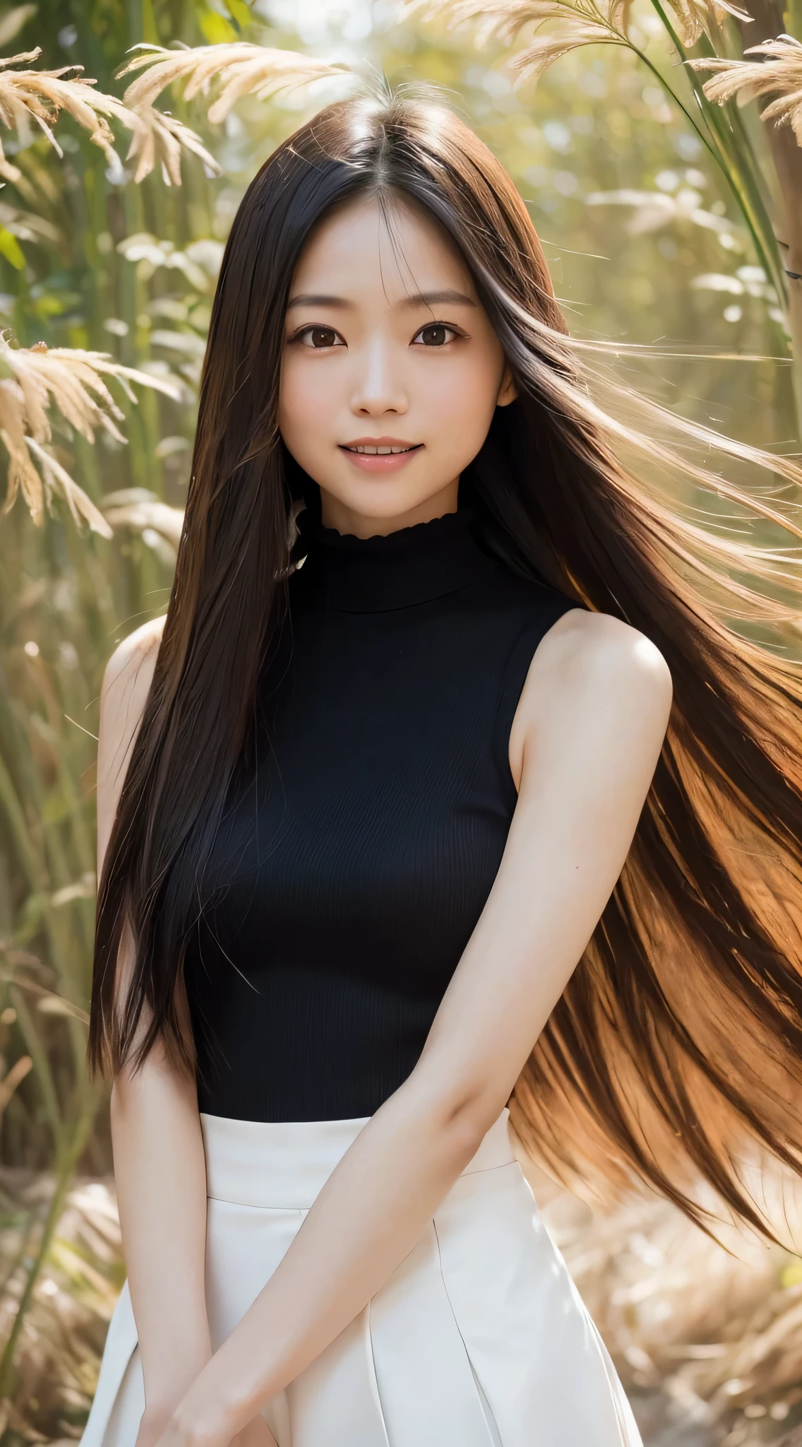 (Refreshing smile:1.5),(Look at viewers:1.1）,（hide one's hands:2.0）,(Delicate Japan woman）,Thin arms,（straight haired, Long hair, strong wind in the hair:1.5), （ High neck sleeveless ,Black tight skirt:1.5), （high-heels;1.3), detailed  clothes, (Perfect female body), (Narrow waist:1.5), (Bust Up Portrait:1.3), Dynamic Pose, Cinematic Light, bamboo forrest,135 mm, NIKON,