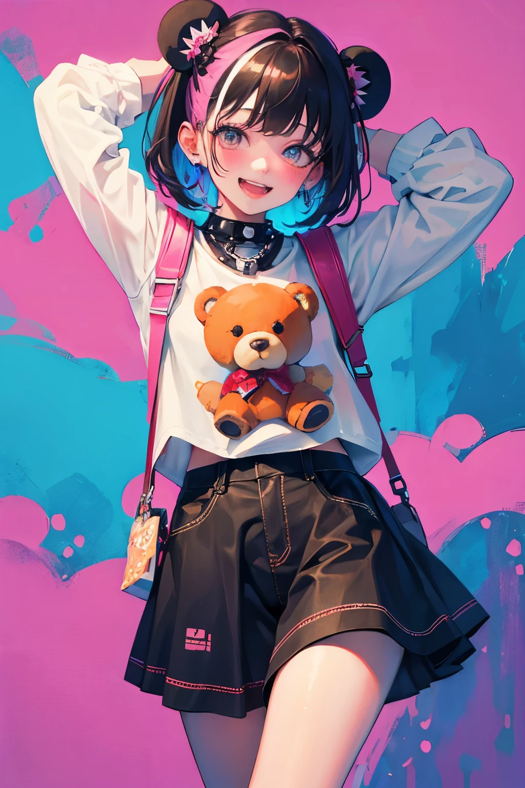 (illustratio:1.3)Teddy bear with girl smiling with open mouth,Painted with multicolored inks,Punk style,Innocent Teddy Bear,Radiant,Delicate,high-level image quality,Honey is dripping