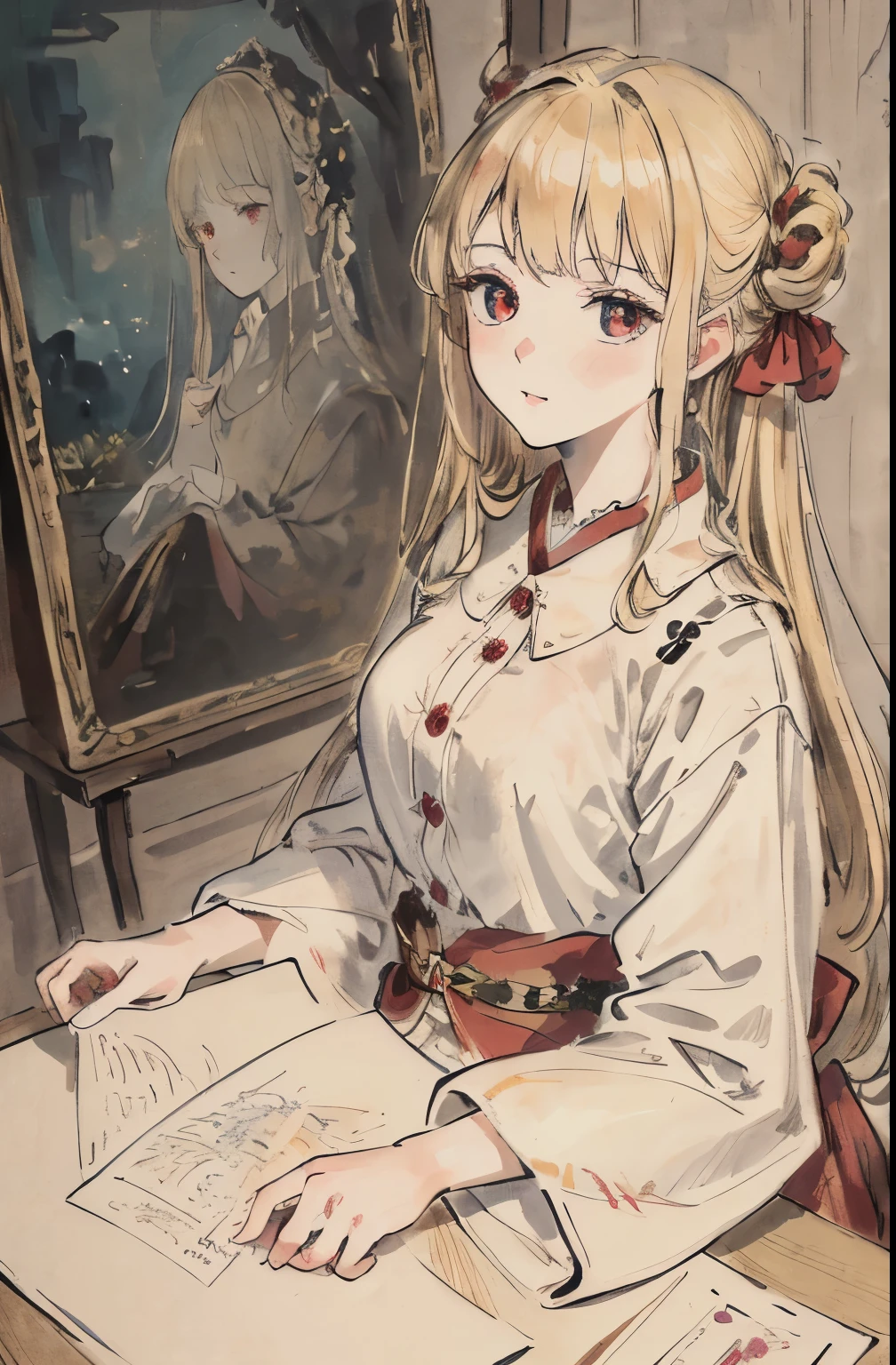 masterpiece, best quality, an extremely delicate and beautiful girl,an extremely delicate and beautiful, world masterpiece theater, ultra-detailed, highly detailed, best quality, blonde hair, highres, extremely detailed,1girl, best quality, illustration, looking at viewer, impasto, canvas, oil painting, realistic, realist ,real, Red eyes