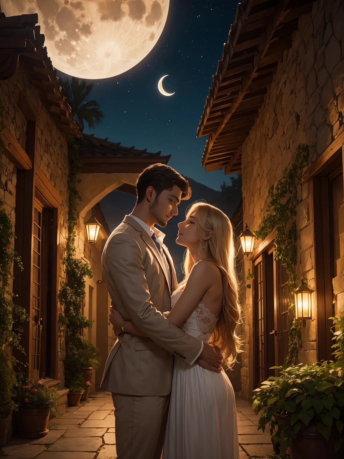 (best quality,ultra-detailed,realistic:1.37),Arabian Nights-inspired romantic villa with luxurious decor and a garden filled with roses. In the midst of it all, there is a tall and dignified young man embracing a cute girl with a look of happiness. Serene, with a crescent moon and galaxy shining in the night sky, the scene is set against a backdrop of a golden desert landscape. The ambiance is filled with a sense of lyrical poetry.