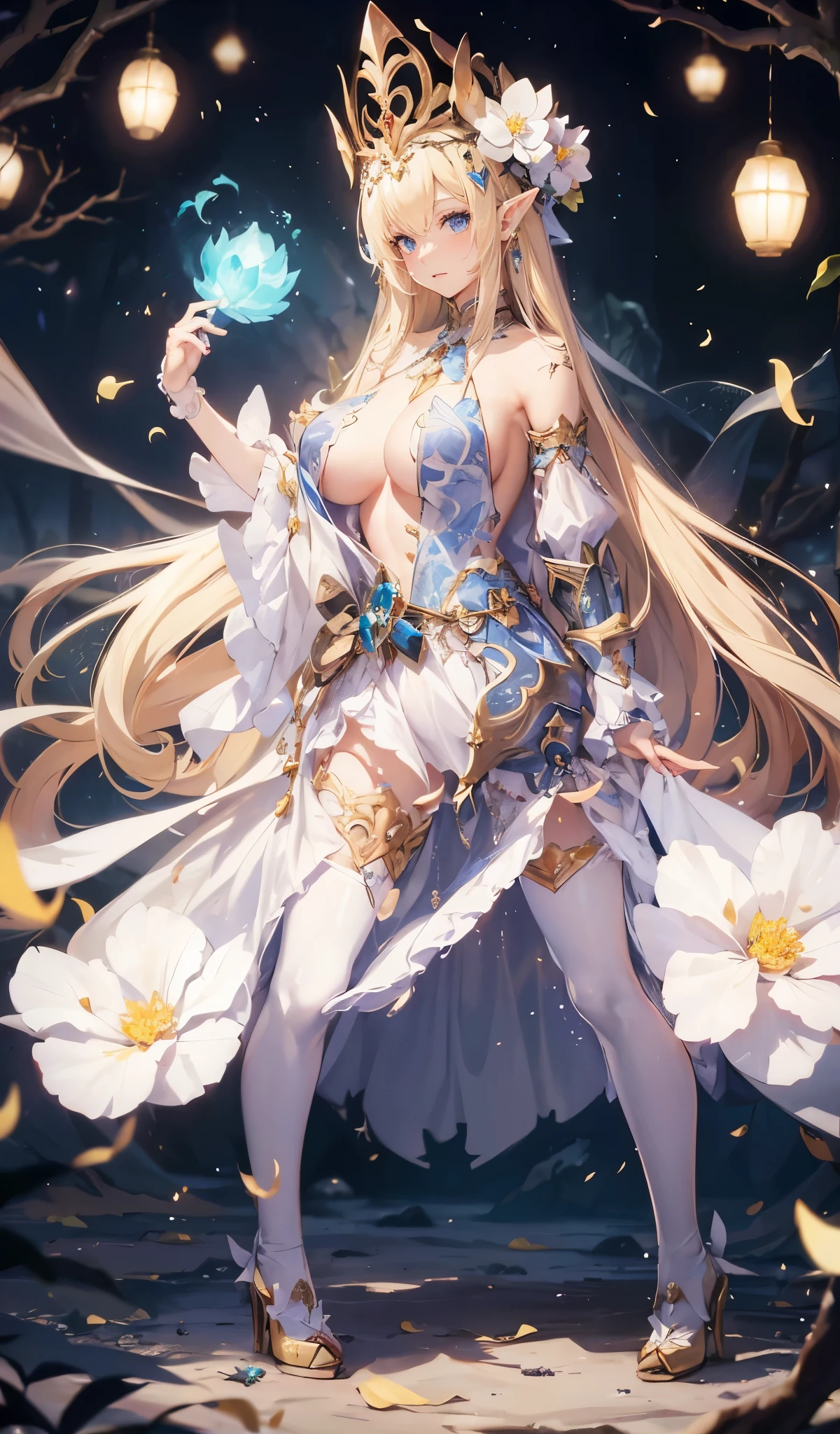 closeup cleavage, The world of elf forest, Elf noble sister, Blonde hair with long straight hair, Wearing aristocratic flower hat, White-colored skin, long elf ears, head chain, humanoid creature, camel top, Her skin is white and rosy, brown skin tone, 黑The eye,messy hair,high-heels , leg loops, jeweled skirt, Tattoos are,bag on back
