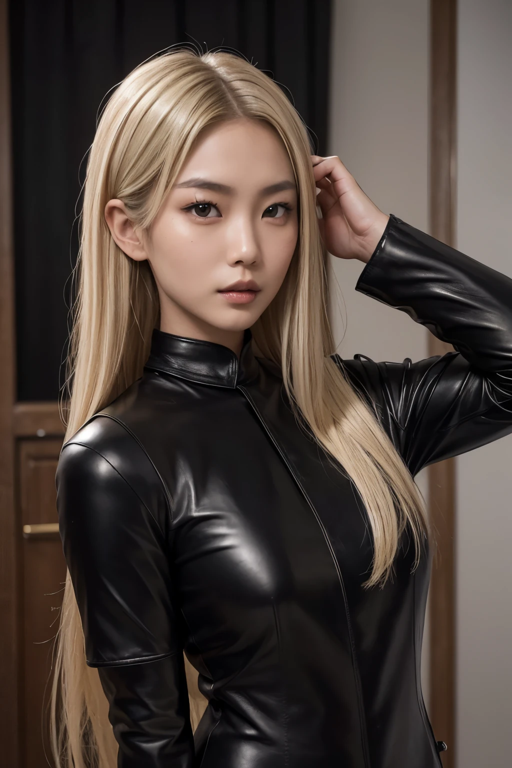 (Dark Academy Style), ((1Girl, Asian model face, beautiful, neutral face), (silky blonde hair), ((Wearing black leather combat costume)), (Looking at POV))