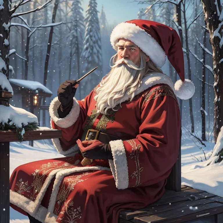 draw me a full-length Santa Claus in a fur hat in the style of the artist Vasnetsov from Russian fairy tales in beautiful winter clothes embroidered with precious stones, in a fabulous winter forest, very extremely beautiful, higly detailed, 32k, fantasy, like on Soviet postcards, oil painting