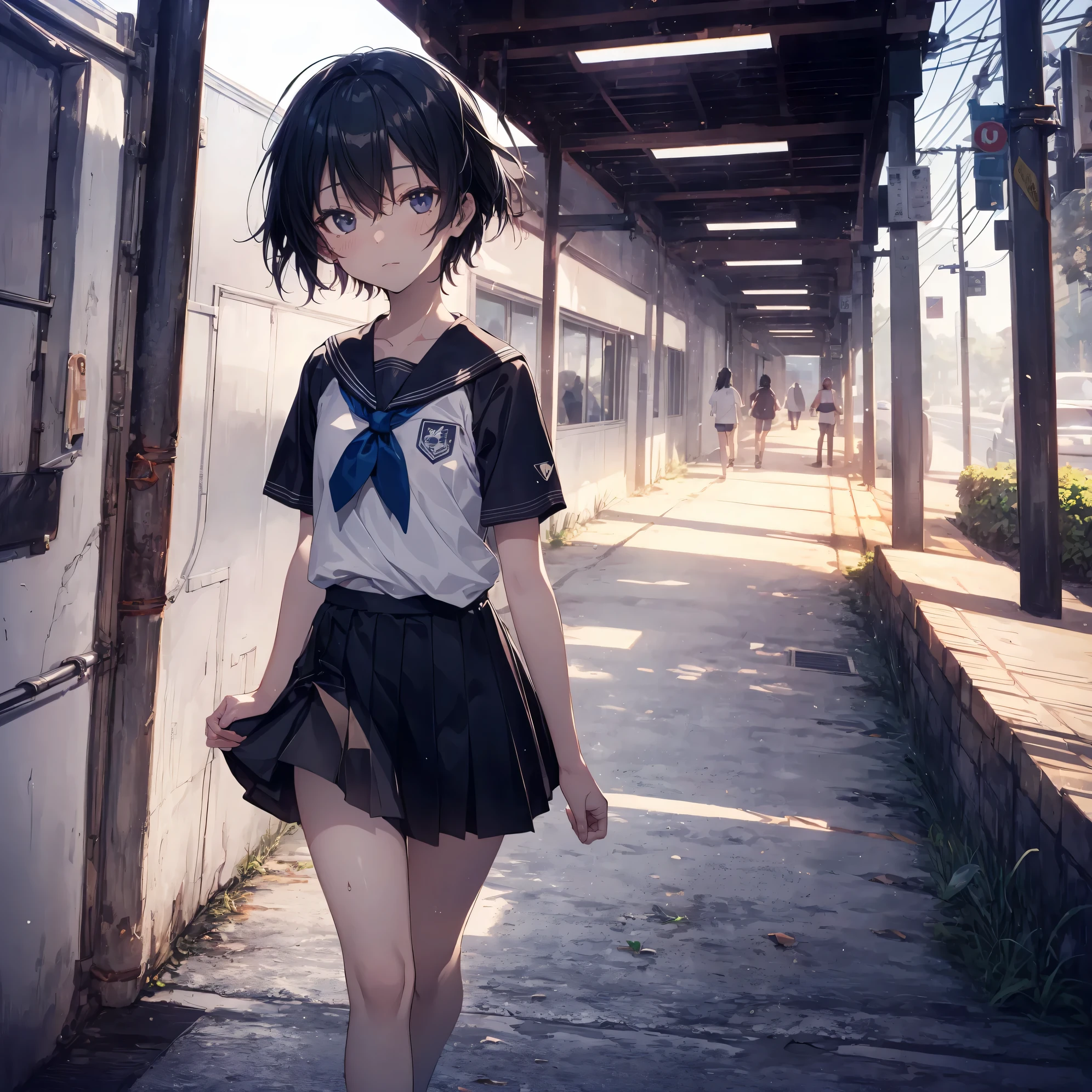 Super high quality by the art god, Ultra-detailed, High resolution, Shinkai Makoto style, anime moe art style, best anime 8K konachan wallpaper, Pixiv Contest Winner, Perfect Anatomy, BREAK,(Please draw a sleepy girl going to school alone.. ),BREAK, a hyperrealistic schoolgirl, (Solo,Lori,,13yea:1.3),Full limbs, complete fingers,a junior gynous attraction, (Very short hair), hair messy, flat chest, Small butt, groin, Small eyes,Beautiful detailed black eyes, Well-proportioned iris and pupils, disgusted eye, High resolution detailed hair, School uniform, Skirt, On the way to school. BREAK,Ultra-detailed細なスキン, Best lighting by famous artists, 8K,Cute illustration,