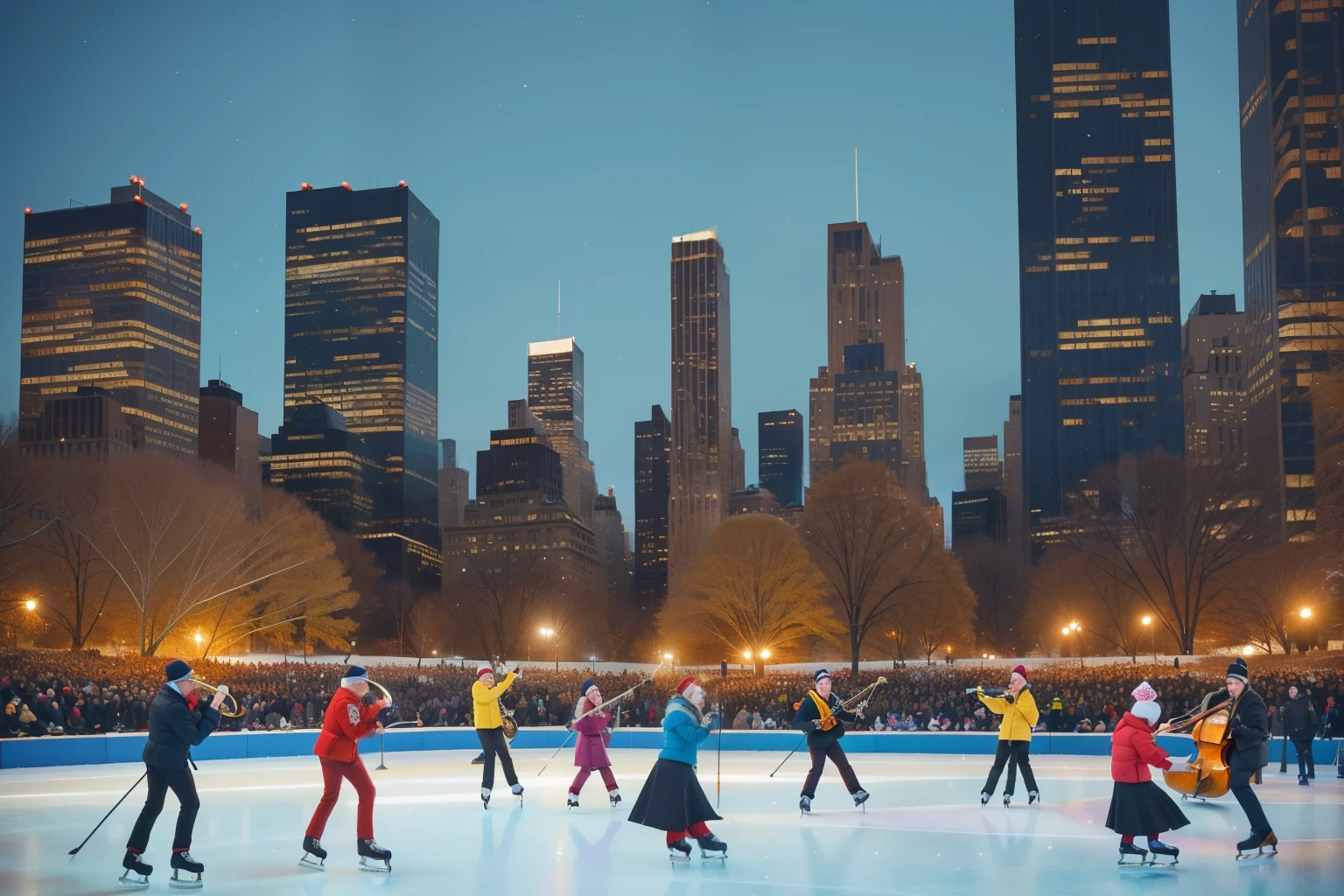 Year: January 2023. Activity: Jazz Band Ice Skating Extravaganza in Central Park, New York.
Description: A jazz band, set up on an ice rink in Central Park, plays lively tunes as characters of all ages showcase their unique ice skating moves. The atmosphere is both festive and sophisticated.
