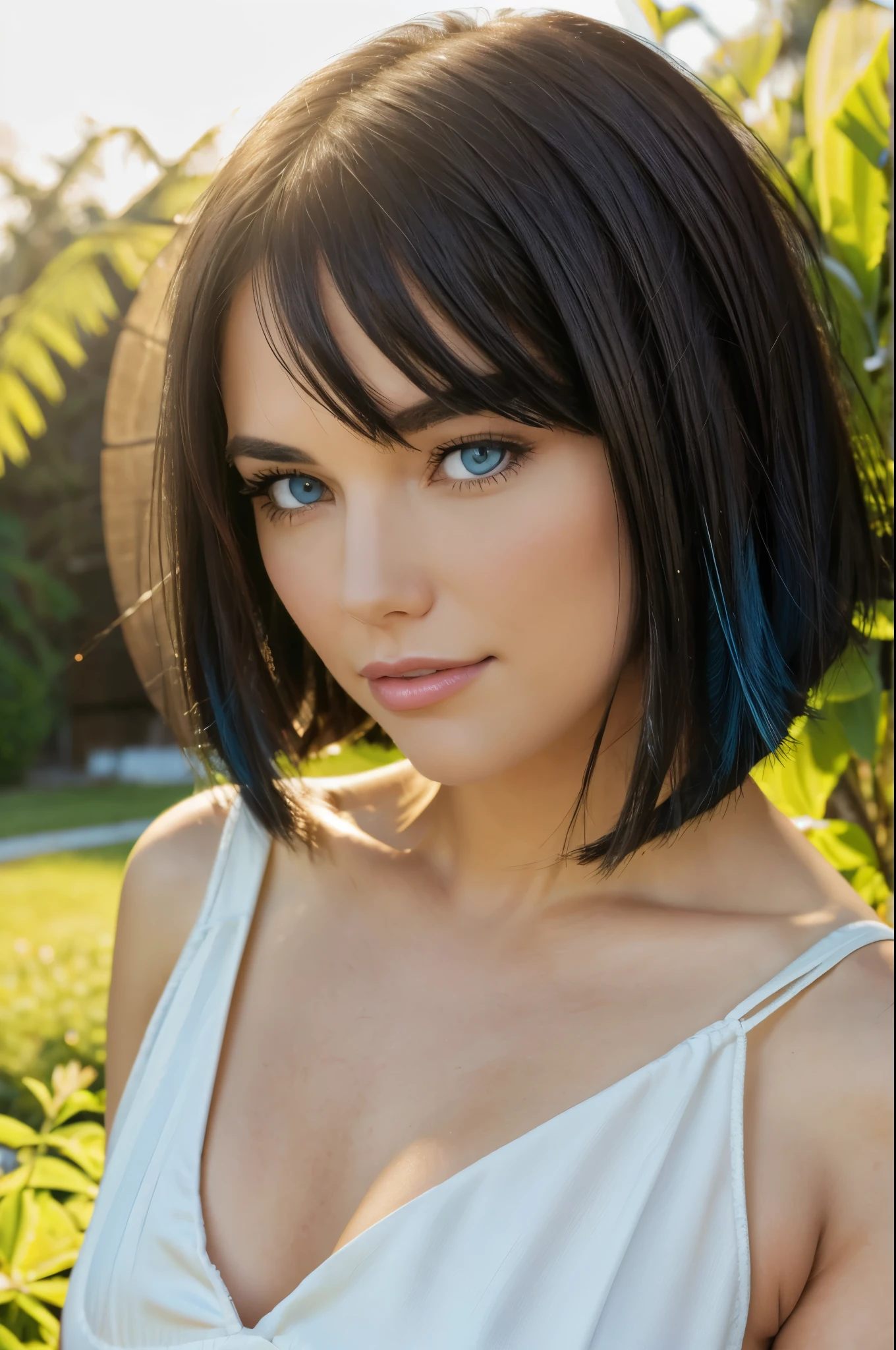 beautiful 30-year-old girl with bob cut black hair and blue eyes. She should have a natural, approachable expression and be illuminated by soft, golden-hour sunlight. The background should be a bedroom . Capture this image with a high-resolution photograph using an 85mm lens for a flattering perspective.full body shot, posing sexy on knees , no bra on