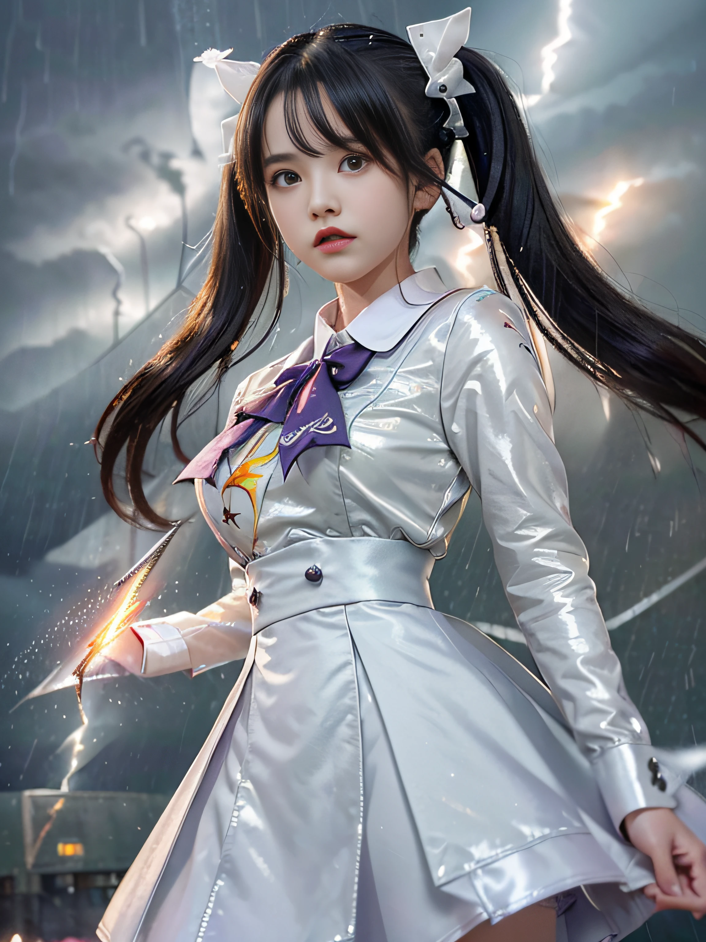 top-quality、​masterpiece、超A high resolution、(Photorealsitic:1.4)、Raw photo、Detailed CG image quality、cyberpunked、Beautiful fece、(1 magical girl)、sixteen years old, (Twin-tailed black hair:1.4), (White ribbon to stop hair), (Platinum Silver Accessories:1.4)、(White School Uniform:1.4)、(big breasts thin waist)、(Purple eyes:1.3), (radiant eyes), (Mystical powers:1.2), (Holding a white wizard wand:1.4), ((A pale and fierce ball of light emanating from the wand:1.4)), (Lightning emanating from the whole body:1.4)、detailed portrait、8K picture quality、bright colour、concept-art、Cinematic and dramatic atmosphere、foco nítido、Volumetric lighting、Cinematographic lighting、Wearing studio quality、(Neon lighting)、depth of fields、Ambient lighting、Blurred foreground、blurry backround:1.3, (rainy evening:1.4), (((Severe lightning strike:1.4))),