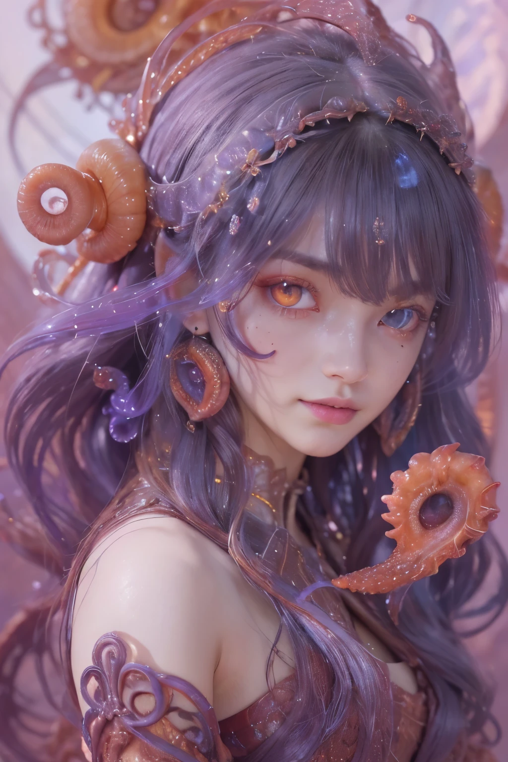 Portrait, (beautiful female alien:1.2),  (There is a female genital-like organ in the middle of the forehead:1.8), (The most beautiful face in the history of the universe:1.2), (scarlet eyes:1.6), (Translucent skin:1.8), an evil gaze that seduces , (red eyes:1.5), Full body like, (sexypose:1.5), alien, No humans, cells are fused, (Lots of translucent tentacles:1.1) (Translucent skin:1.3), extraterrestrial, cell, bio image, 魅惑的, Best Quality, 8K,4K_quality, high definition, Dramatic Lighting, masutepiece:1.5,cinematic quality, detail up, (Intricate details:1.2), high resolution, High Definition, drawing faithfully, (Thick eyebrows:1.2), Beautiful eyes with fine symmetry, (Ultra detailed eyes:1.2),(Highly detailed face and eyes:1.2), (High-resolution red-eye:1.4), Intimate face, (Super detailed skin quality feeling:1.4), Perfect Anatomy,  (Beautiful toned body:1.5),  (Moist skin:1.2), No makeup, (dark circles:1.1), long canines, cinematic drawing of characters, ultra high quality model, cinematic quality, detail up, (Intricate details:1.2), high resolution, High Definition, drawing faithfully, Official art, Unity 8K wall  , 8K Portrait, Best Quality, Very high resolution, ultra detailed artistic photography, midnight aura,  unreal engine 5, Ultra Sharp Focus, art by alberto seveso, ArtGerm, Roisch, intricate artwork, Medusa, best quality, masterpiece, ultra high resolution, (photos realistic：1.4), Ultra-realistic realism, dream-like,  nautilus, Creation of fantasy, Snail, Dream Snail,  biopunk nautilus, thrilling color schemes， Ultra-realistic realism， seductively smiling, blue tentacles