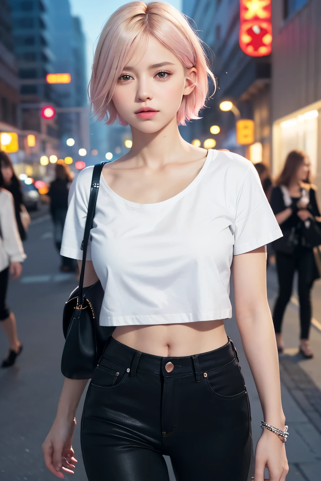 (8K, top-quality, masterpiece:1,2), (reallistic, Photorealsitic:1.37), Super Detail, One girl,), (Highly detailed), (beautifully detailed eyes), (of the highest quality), (super detailed ), (masterpiece), (Detailed face),20yr old, ,1 girl, full body, pink hair,Very short hair, medium breasts, clothed, Perfect Lighting, pussy and breast focus, looking at viewer, aroused face, naughty face, platinum blonde hair, short hair, braids, on the street, night, neon light, white t-shirt, braless, black pants, front view, standing, in crowd,