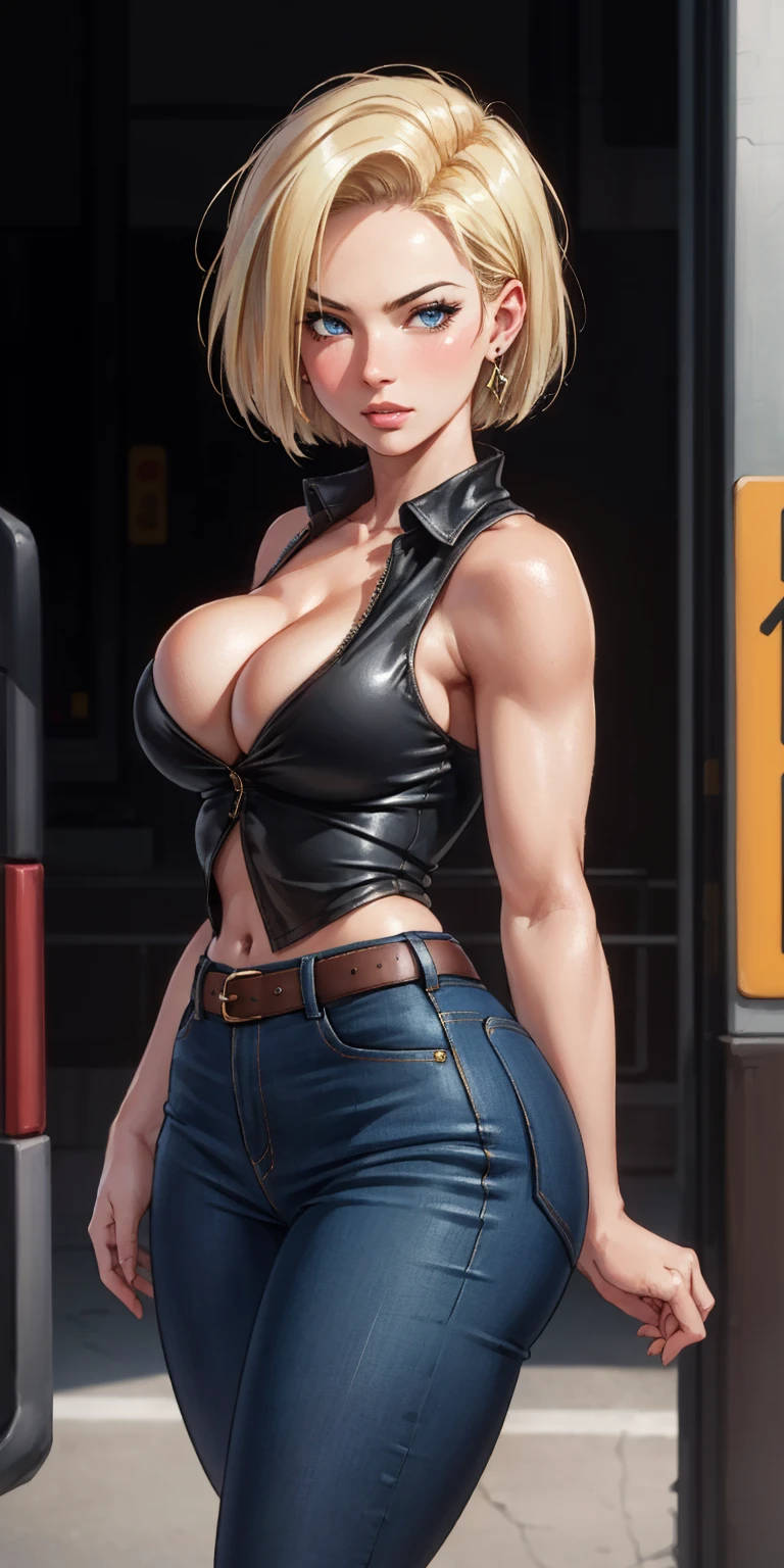 unparalleled masterpiece, ultra realistic 8k CG, perfect artwork, (1girl:1.1) , solo, ((perfect female figure)), (nsfw), looking at viewer, mature female, bimbo (android 18) standing, (teasing), best quality:1.1 , seductive posture, sexy pose, alluring, (beautiful), (curvy), (thick), blonde hair, (blue eyes:1.2), short hair, earrings, jewelry, denim vest, open vest, black pantyhose, black shirt, denim skirt, striped long sleeves, blue skirt, toned legs, fit, (abs:1.1), (big butt:1.4), peach ass, (athletic body:1.2), (large breasts:1.3, (big_breasts:1.1), wide_hips:1.5, narrow waist, small waist:1.5, slender body:1.2, thick thighs:1.3), (shiny skin:1.2), (hdr), (street:1.2), Nikon D850 film stock photograph Kodak Portra 400 camera f1.6 lens, rich colors, lifelike texture, dramatic lighting, unreal engine, trending on ArtStation, by Gerald Brom, by Frank Frazetta, by Luis Royo, by Julie Bell, by Boris Vallejo