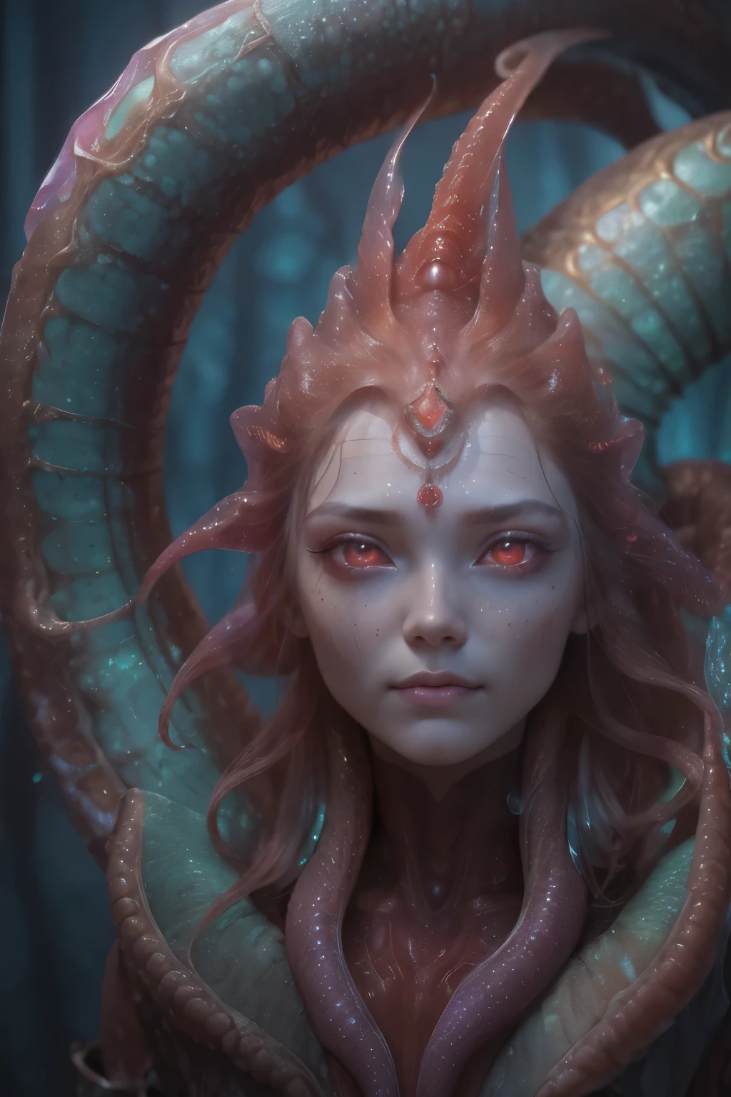 Portrait, (beautiful female alien:1.2),  (There is a female genital-like organ in the middle of the forehead:1.8), (The most beautiful face in the history of the universe:1.2), (scarlet eyes:1.6), (Translucent skin:1.8), an evil gaze that seduces , (red eyes:1.5), Full body like, (sexypose:1.5), alien, No humans, cells are fused, (Lots of translucent tentacles:1.1) (Translucent skin:1.3), extraterrestrial, cell, bio image, 魅惑的, Best Quality, 8K,4K_quality, high definition, Dramatic Lighting, masutepiece:1.5,cinematic quality, detail up, (Intricate details:1.2), high resolution, High Definition, drawing faithfully, (Thick eyebrows:1.2), Beautiful eyes with fine symmetry, (Ultra detailed eyes:1.2),(Highly detailed face and eyes:1.2), (High-resolution red-eye:1.4), Intimate face, (Super detailed skin quality feeling:1.4), Perfect Anatomy,  (Beautiful toned body:1.5),  (Moist skin:1.2), No makeup, (dark circles:1.1), long canines, cinematic drawing of characters, ultra high quality model, cinematic quality, detail up, (Intricate details:1.2), high resolution, High Definition, drawing faithfully, Official art, Unity 8K wall  , 8K Portrait, Best Quality, Very high resolution, ultra detailed artistic photography, midnight aura,  unreal engine 5, Ultra Sharp Focus, art by alberto seveso, ArtGerm, Roisch, intricate artwork, Medusa, best quality, masterpiece, ultra high resolution, (photos realistic：1.4), Ultra-realistic realism, dream-like,  nautilus, Creation of fantasy, Snail, Dream Snail,  biopunk nautilus, thrilling color schemes， Ultra-realistic realism， seductively smiling, blue tentacles