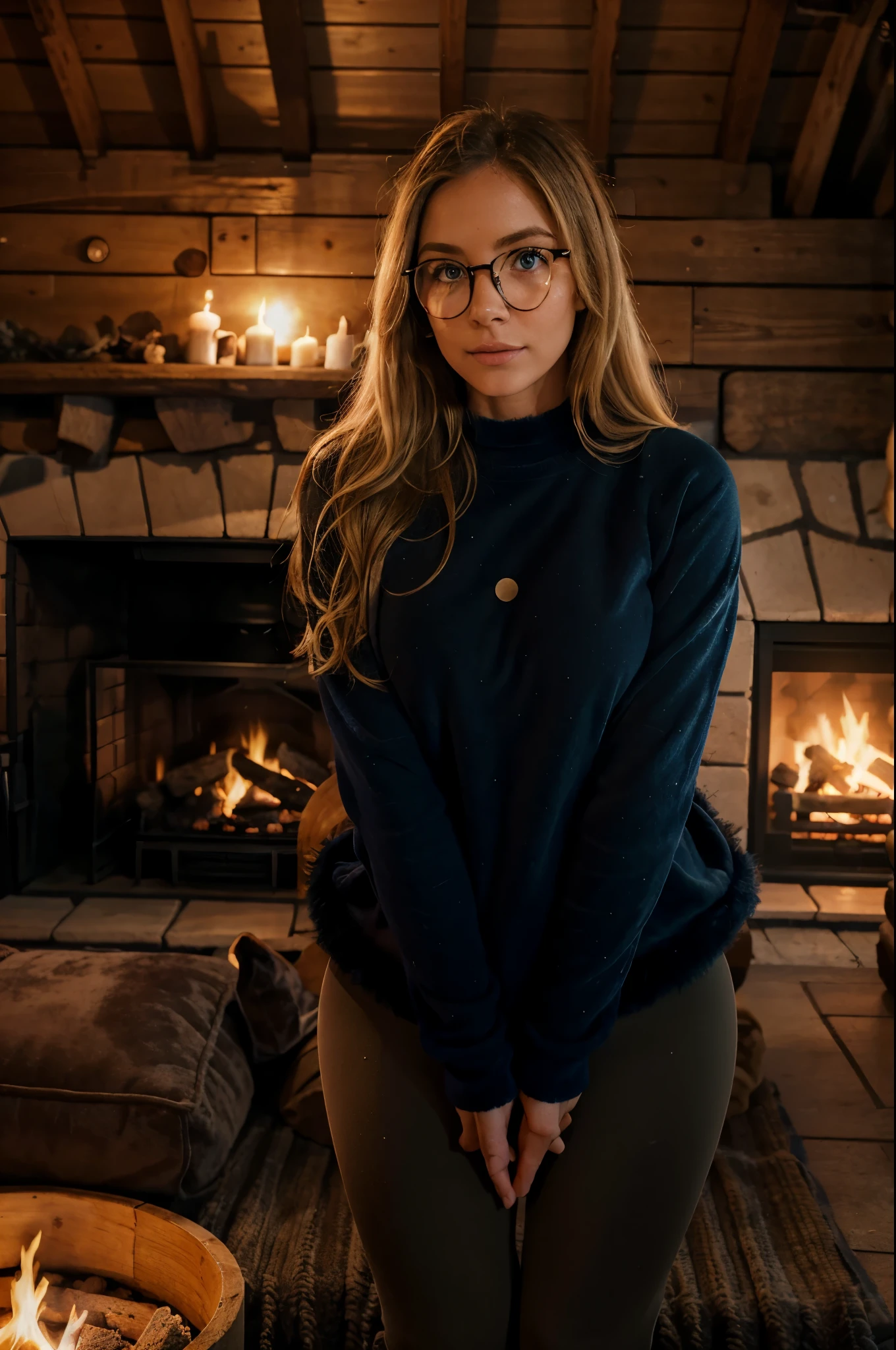 1woman, ombré blonde balayage hair, beautiful blue eyes, freckled face, beautifully detailed face, circle glasses, creame sweatshirt, seamless black leggings, fuzzy faux fur ugg boots, loving pose, log cabin by fire place background, full body portrait, raw photo.