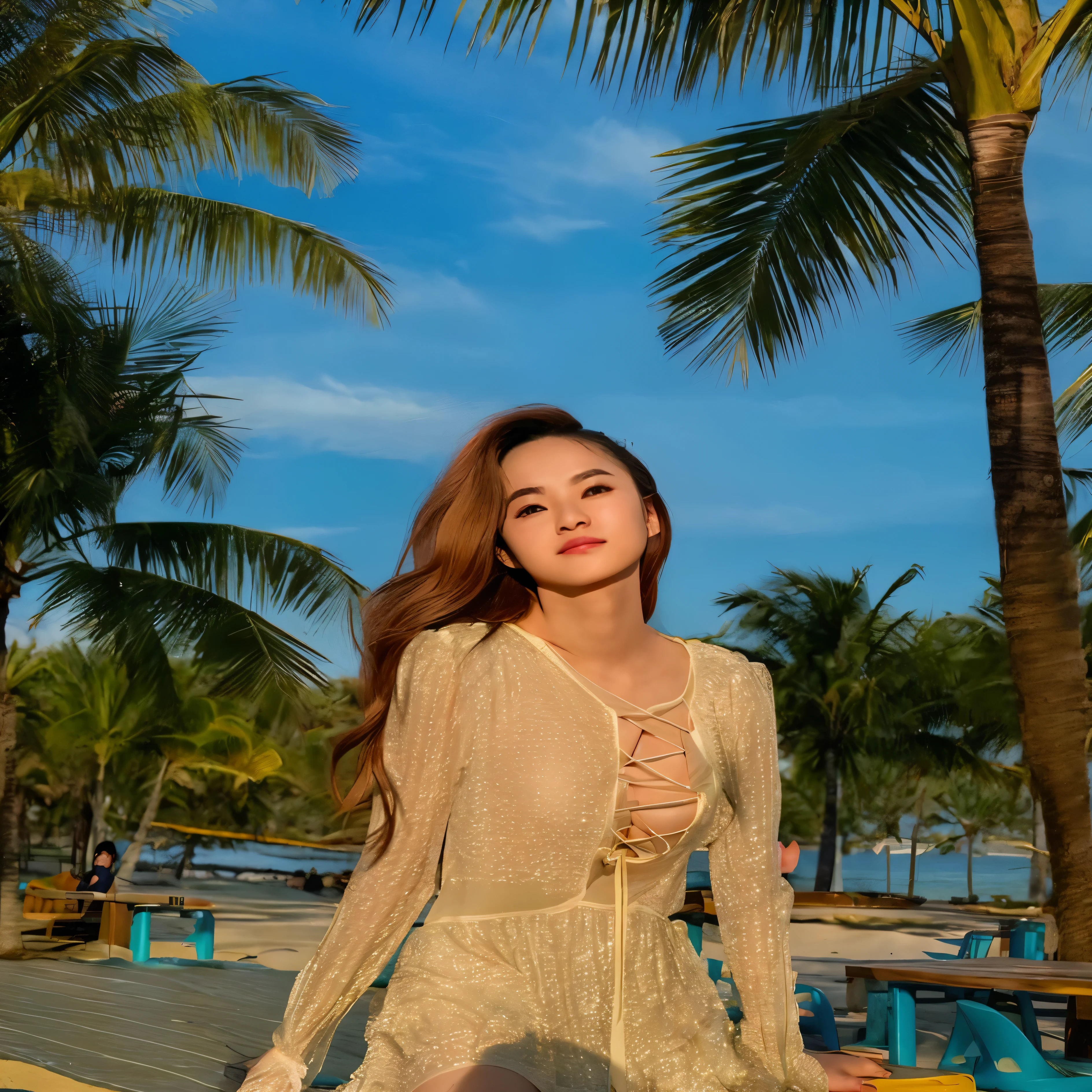 a woman in a sheered dress posing on a beach, mai anh tran, in style of lam manh, profile pic, dilraba dilmurat, 🤬 🤮 💕 🎀, nivanh chanthara, jia, lalisa manobal, hoang long ly, bella poarch, on a sunny day, fanart