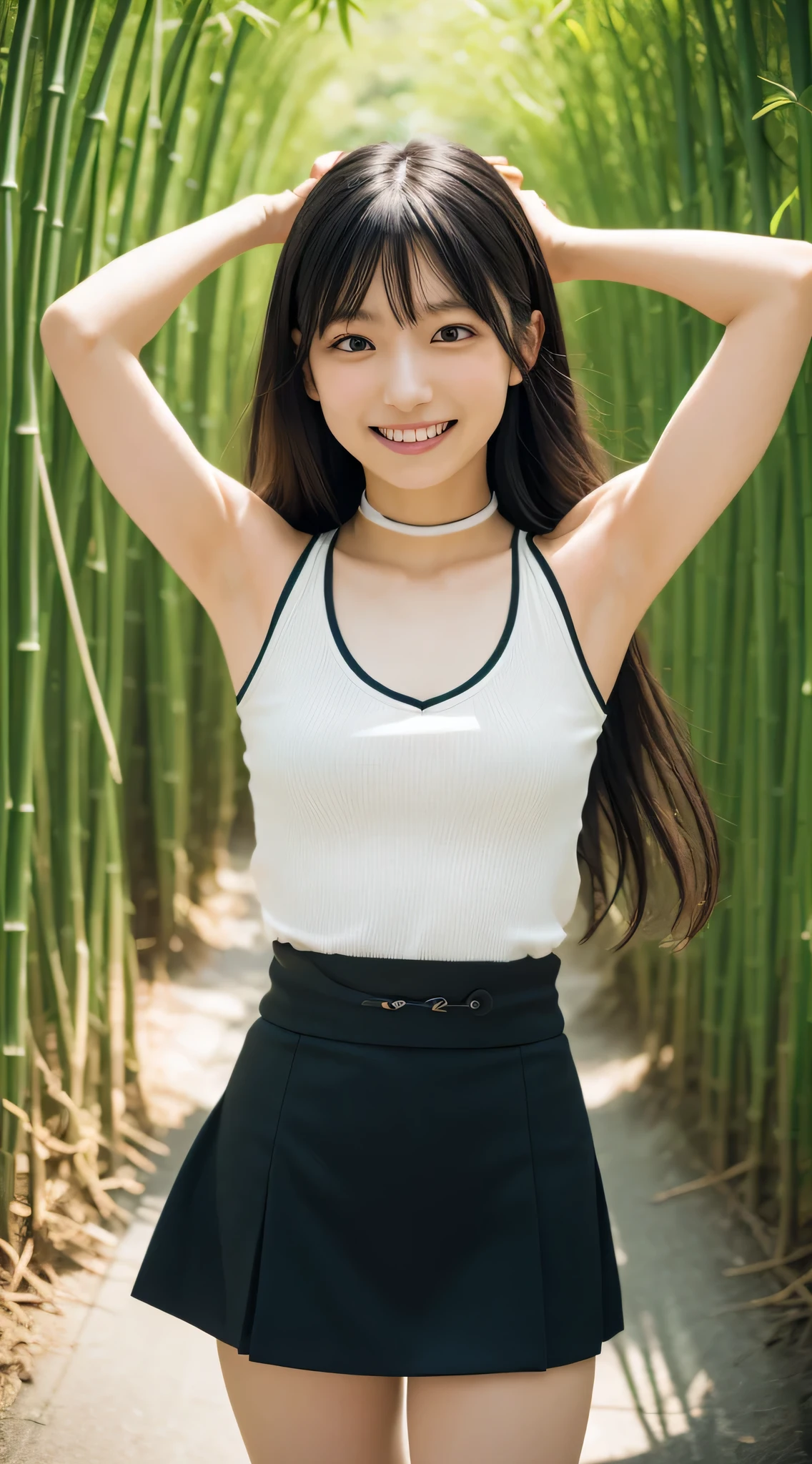 (Refreshing smile:1.5),(Look at viewers:1.1),(hide one's hands:2.0),(Delicate Japan woman),Thin arms,(straight haired, Long hair, strong wind in the hair:1.5), ( High neck sleeveless ,Black tight skirt:1.5), (high-heels;1.3), detailed clothes, (Perfect female body), (Narrow waist:1.5), (Bust Up Portrait:1.3), Dynamic Pose, Cinematic Light, bamboo forrest,135 mm, NIKON,