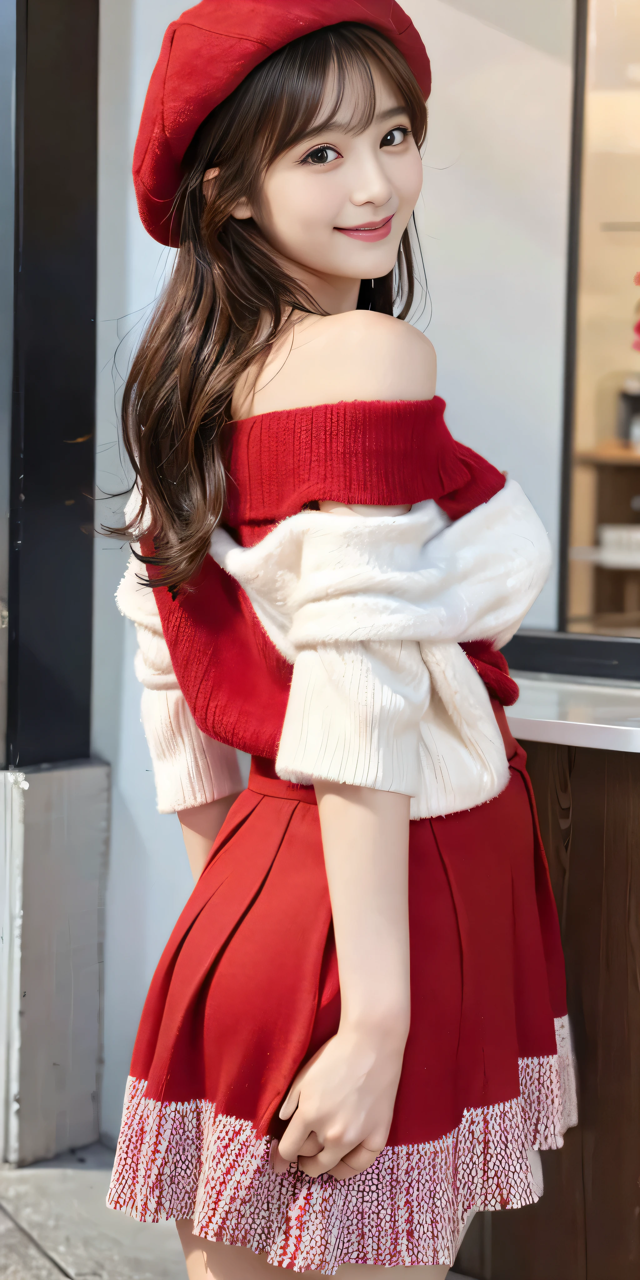 quality、image quality、tmasterpiece、Full body photo、20 year old female, Dark brown wavy medium length hair、through bangs、santa 、Red and white knitted hat、Red and white off-shoulder sweater, Puffy nipples、soft cloth、Red and white flared skirt、Medium milk, cute smiling face、(Tilt your neck slightly)、(stick out buttocks、lookingat)、Sexy buttocks、A sexy pose、big necklace、ear nipple ring、Full body photo片