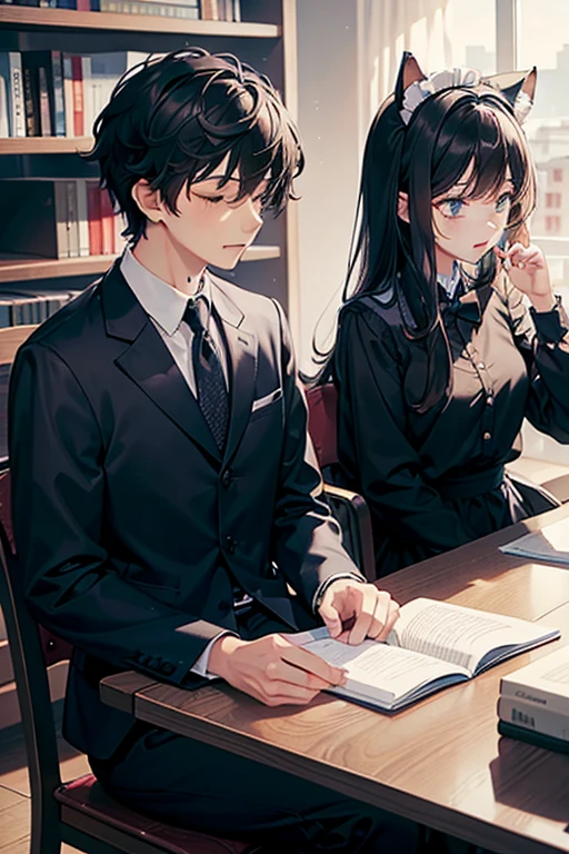 A guy and a girl are best friends, They look about 20 years old, they are sitting in the library. The guy has short black hair and is wearing a school uniform., the girl has long brown hair and gray eyes, dressed in a maid uniform and wearing cat ears. The guy fell asleep at the table with his eyes closed, and the girl is trying to wake her up