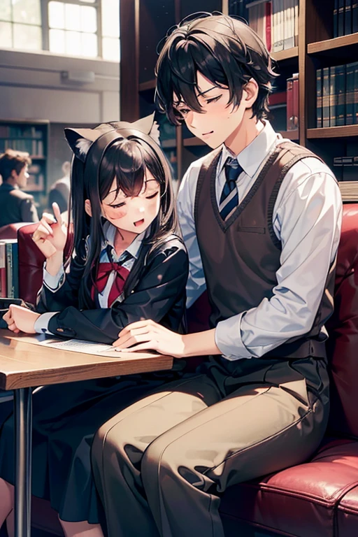 A guy and a girl are best friends, They look about 20 years old, they are sitting in the library. The guy has short black hair and is wearing a school uniform., the girl has long brown hair and gray eyes, dressed in a maid uniform and wearing cat ears. The guy fell asleep at the table with his eyes closed, and the girl is trying to wake her up