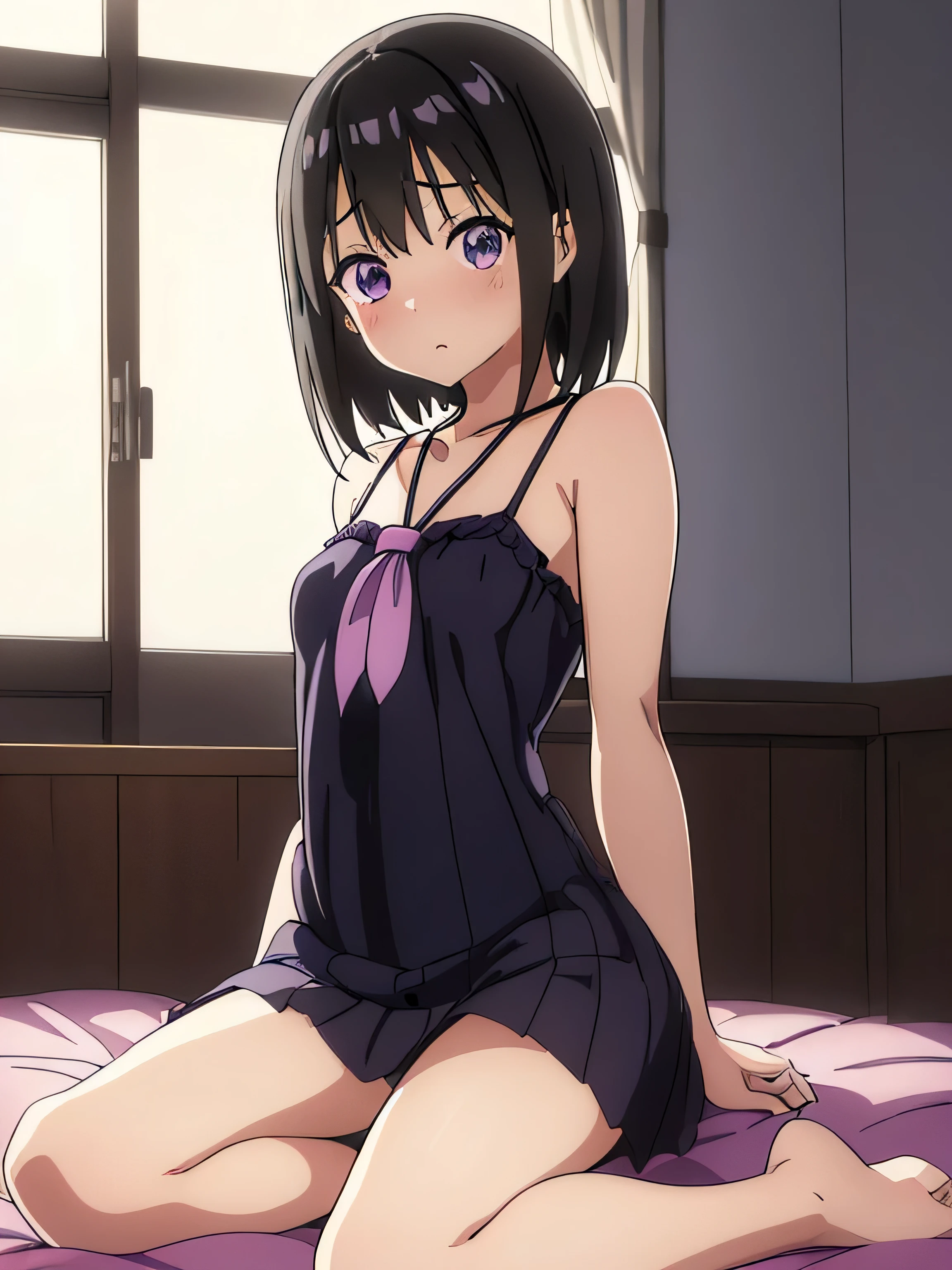 Anime girl wearing a purple bra top sitting on the bed, an anime drawing by Jin Homura, pixiv, shin hanga, Seductive Anime Girl, charming anime girls, Smooth Anime CG Art, Anime Best Girl, Cute anime girl, anime moe art style, cute little***のアニメビジュアル, oppai, beautiful alluring anime teen, cute littleアニメの***, (Raw photography:1.2)、(Photorealsitic:1.4)、(​masterpiece:1.3)、(top-quality:1.4)、超A high resolution、(A detailed eye)、(detailed facial features)、(detailed clothes features)、nffsw、8K分辨率、solofocus、bangss、skin tightening、(shinny skin)、(Slender girl)
(Extreme Detail)、dim room、Ruins、
Virtual Girl - Aim、Medium-breasted wavy hair、Shorthair、A dark-haired、Black eye、
1girl in, 
Crystal Pendant、String Panty Brapua、
Tie with a rope、embarrassed from、cute little、I'm about to cry、hang、Adult Models、raise one leg high、hang、Smaller chest、big butts、