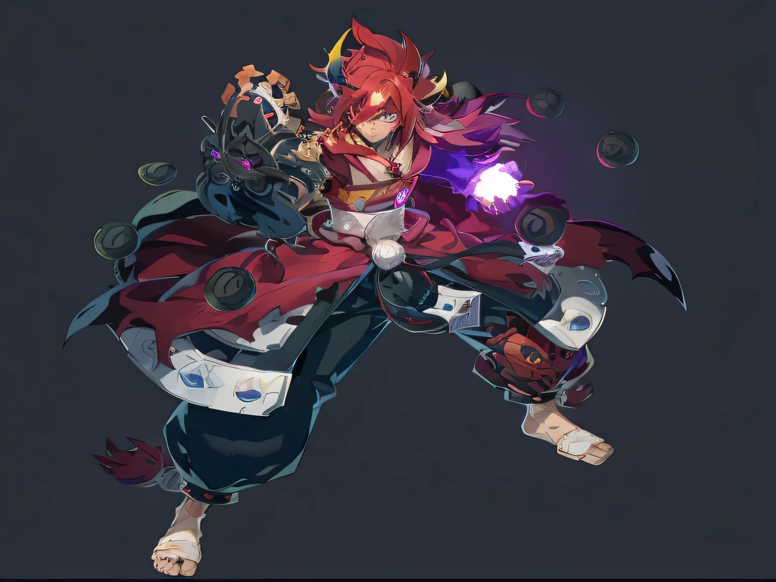 anime character with a red cape and a purple cape holding a purple light, onmyoji detailed art, onmyoji portrait, chrono trigger guilty gear style, onmyoji, guilty gear art style, style of duelyst, villain wearing a red oni mask, fighting game character, demon noble character design, official character art, djinn man male demon