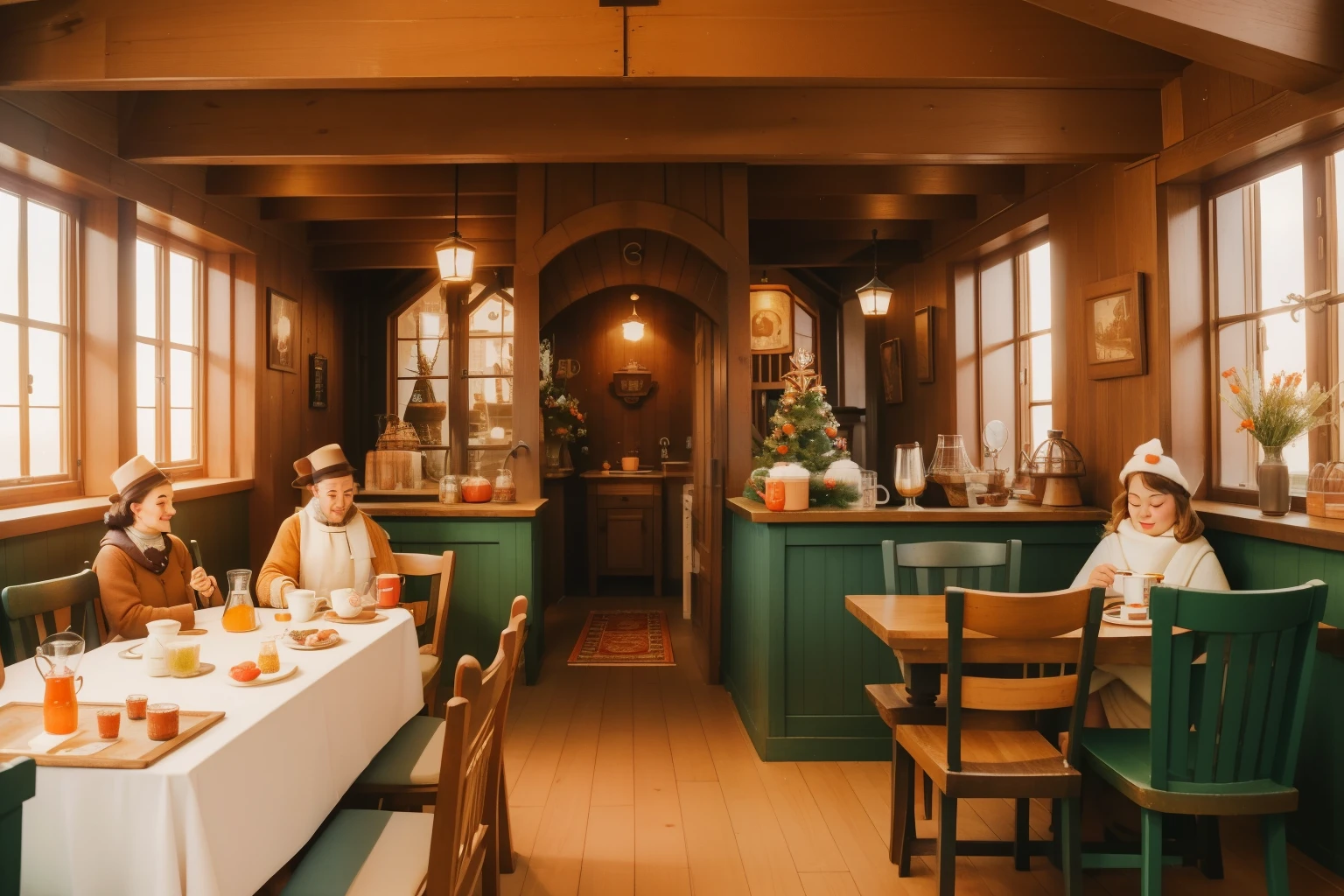 Year: January 2023. Activity: Hot Cocoa Tasting in a Dutch Windmill, Amsterdam.
Description: Within the charming interior of a Dutch windmill, characters savor various flavors of hot cocoa served in vintage mugs. The setting is adorned with whimsical winter decorations.