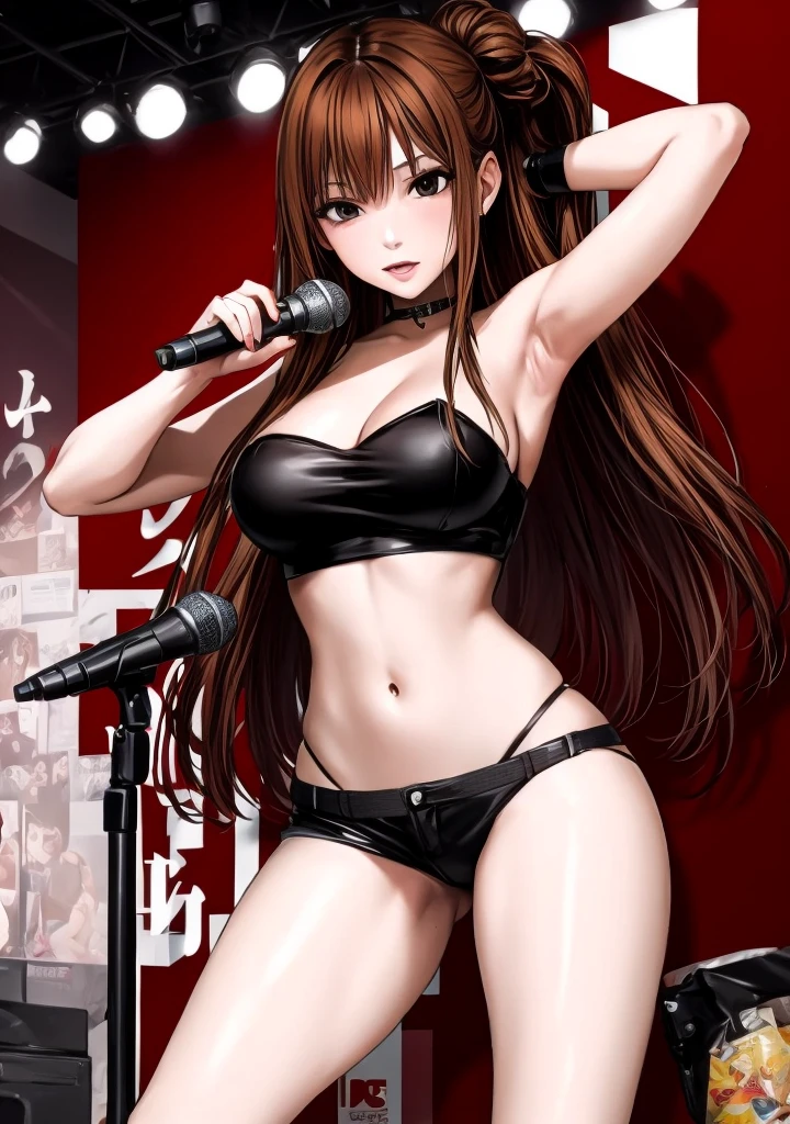 A beautiful adult woman with long, shoulder-length hair, big breasts, beautiful legs, and a sharp face is wearing a black tube top that exposes her navel and hot pants shaped like black panties, with her legs spread, holding a microphone and singing on stage. standing at。My left hand is on my hot pants。