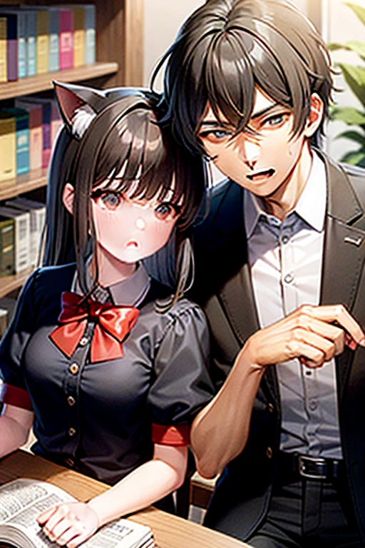 Guy and girl are best friends, They look about 20 years old, they are sitting in the library. The guy has short black hair and is wearing a school uniform..., the girl has long brown hair and gray eyes, dressed in a maid uniform and with cat ears. The guy fell asleep at the table with his eyes closed, and the girl tries to wake her up