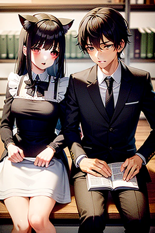 Guy and girl are best friends, They look about 20 years old, they are sitting in the library. The guy has short black hair and is wearing a school uniform..., the girl has long brown hair and gray eyes, dressed in a maid uniform and with cat ears. The guy fell asleep at the table with his eyes closed, and the girl tries to wake her up
