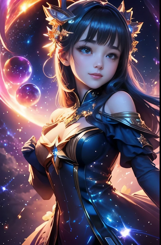 Scorpio，Mysterious starry sky background，Best quality，，cute，constellation，Characteristics of Scorpion，Conservative clothing，Clothes cover the chest